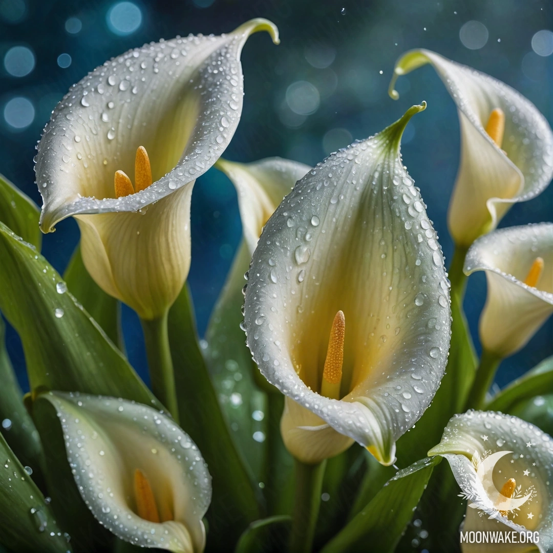 A peaceful arrangement of calla lilies adorned with dew drops, glimmering softly.