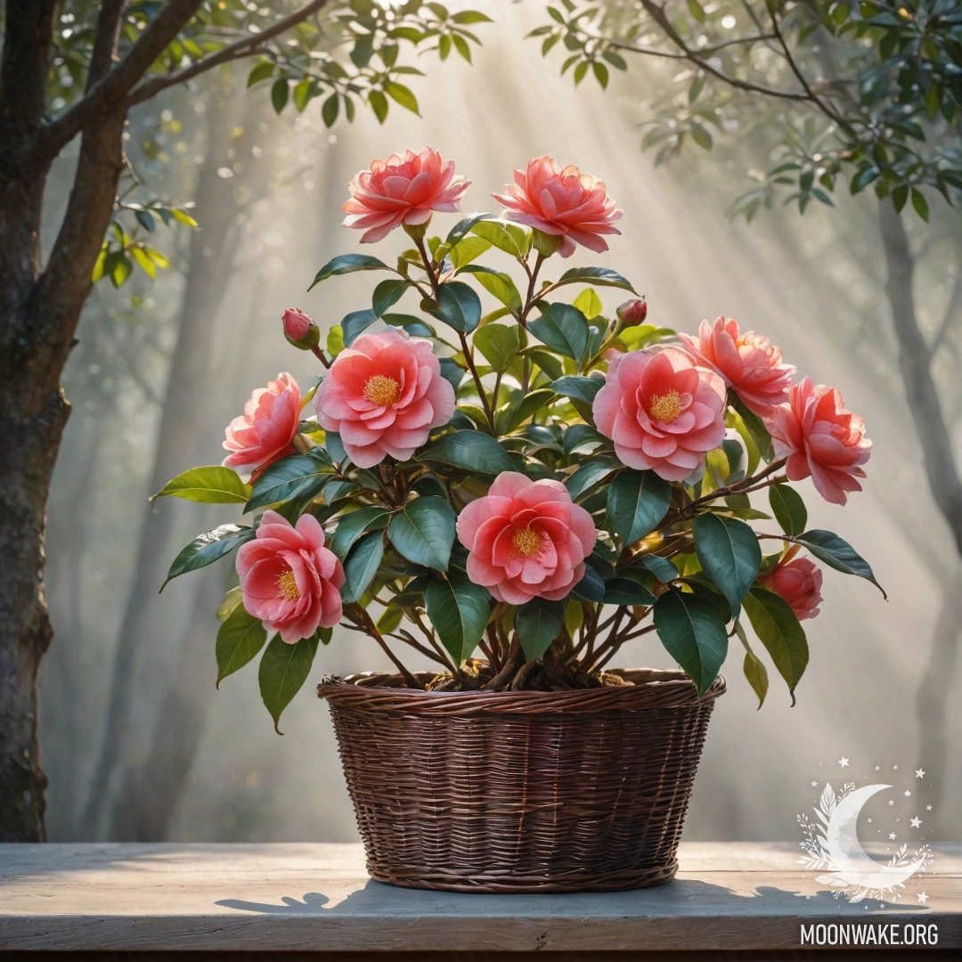 Peaceful Camellia in Fog A serene red camellia surrounded by fog and soft sunlight, nestled in a basket.