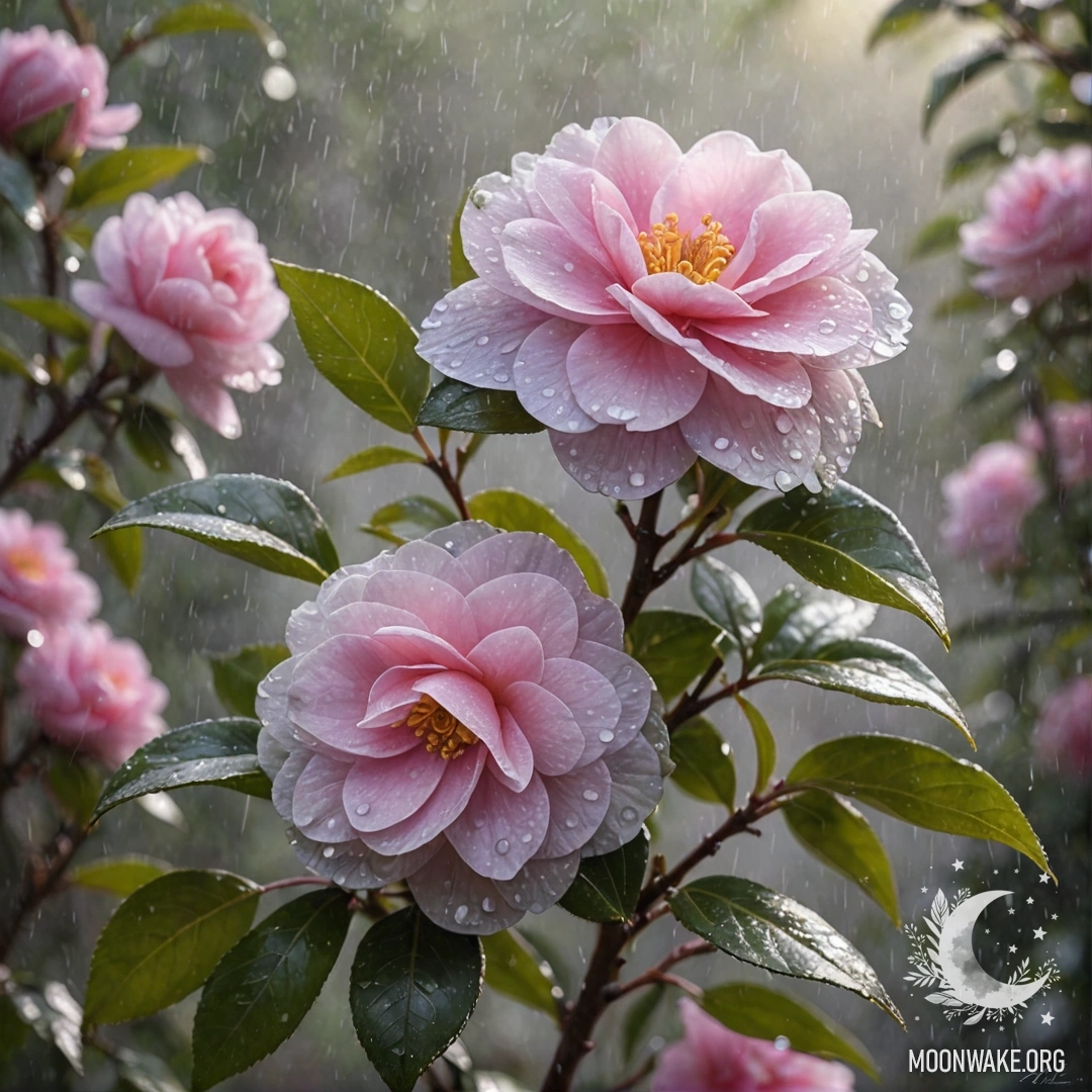 A peaceful camellia with a lavender color bouquet under the rain and mist, illuminated by sunny rays.