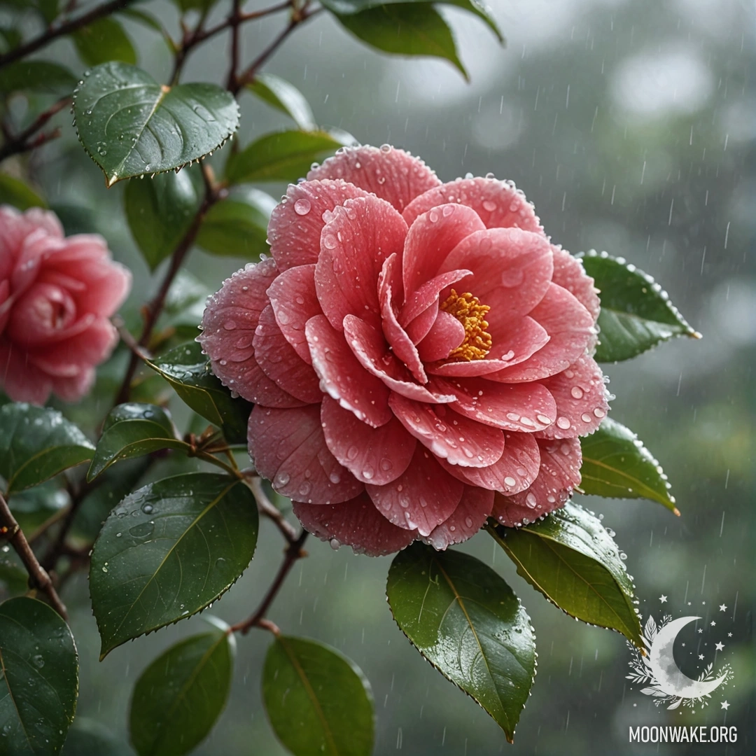 A peaceful red camellia surrounded by mist and rain with glitter.