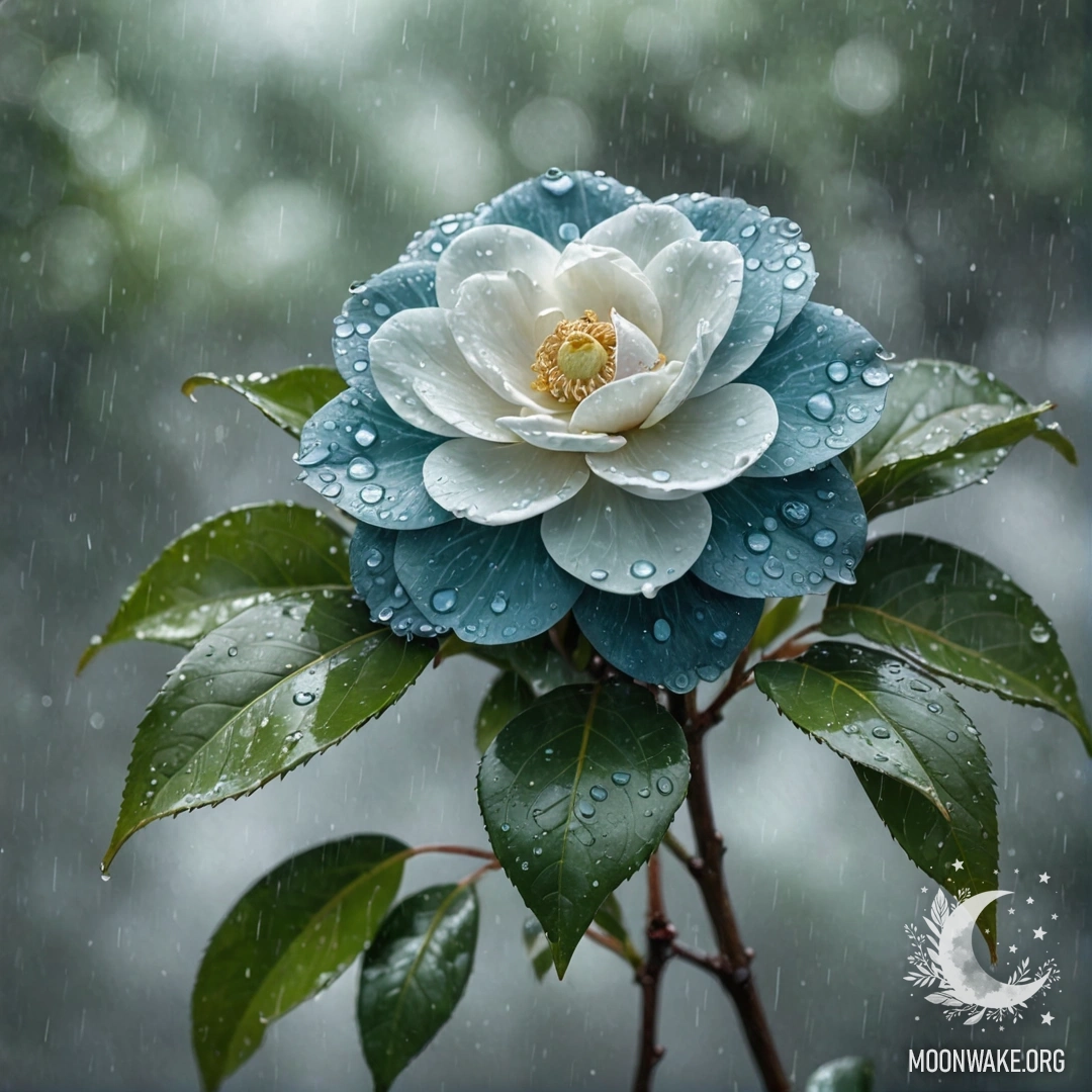 A delicate camellia flower in greenish-blue color adorned with raindrops and sequins.