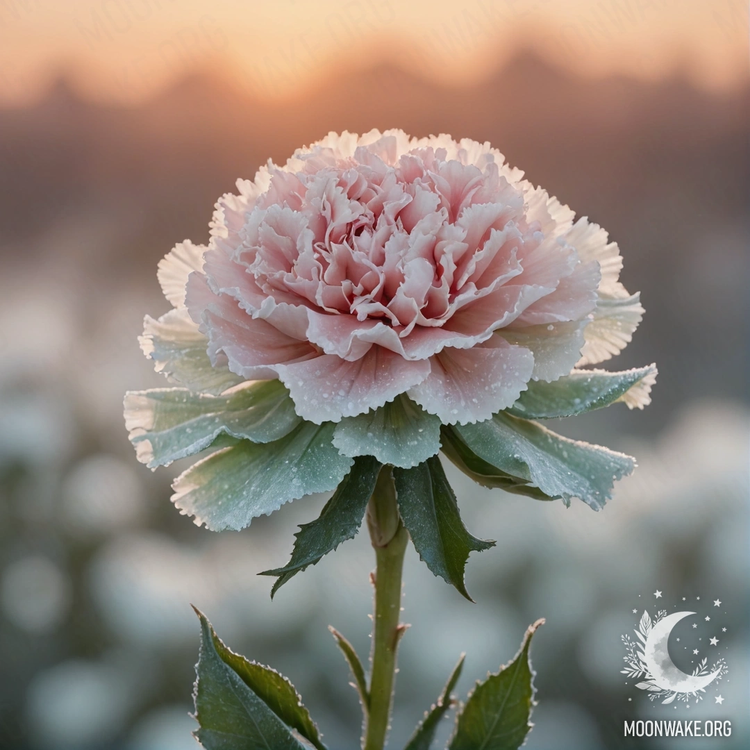 A delicate carnation surrounded by frost against a sunset backdrop.