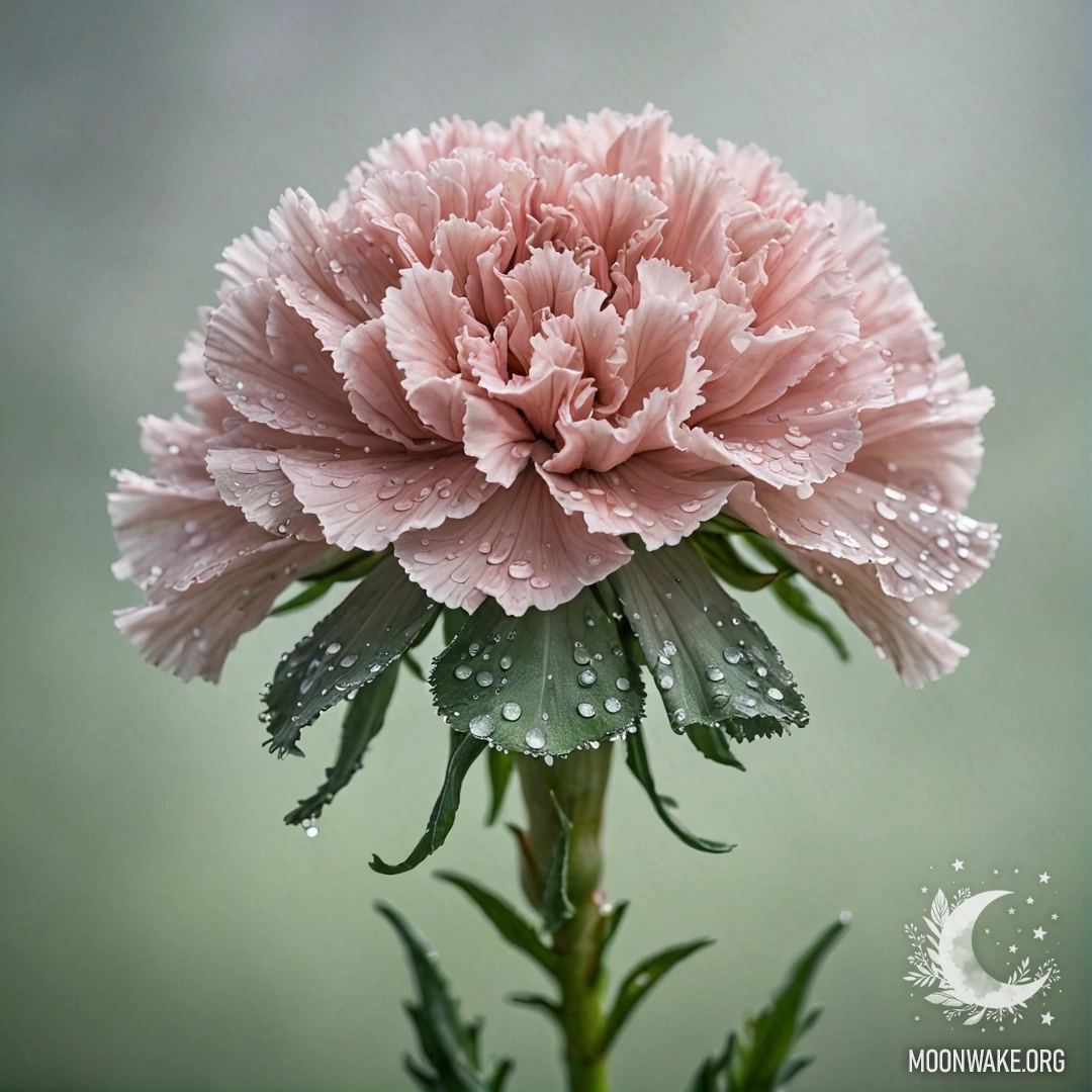 A single sage-colored carnation in a foggy atmosphere with sequins.