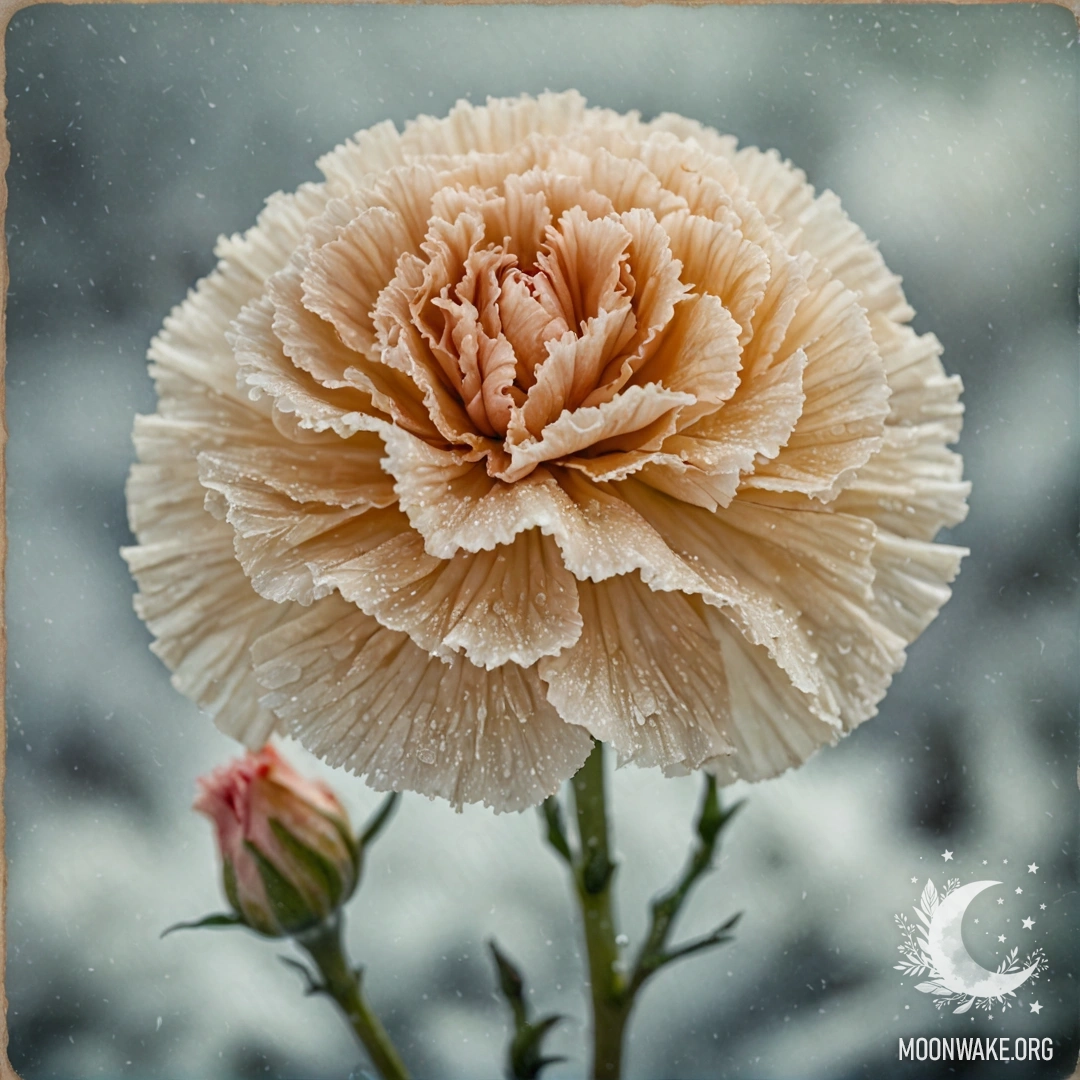 A delicate golden carnation surrounded by intricate frost patterns.