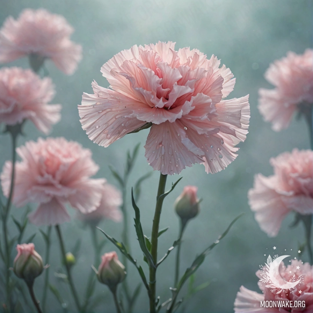 A soft pink carnation emerges from a misty background with sea wave colors.