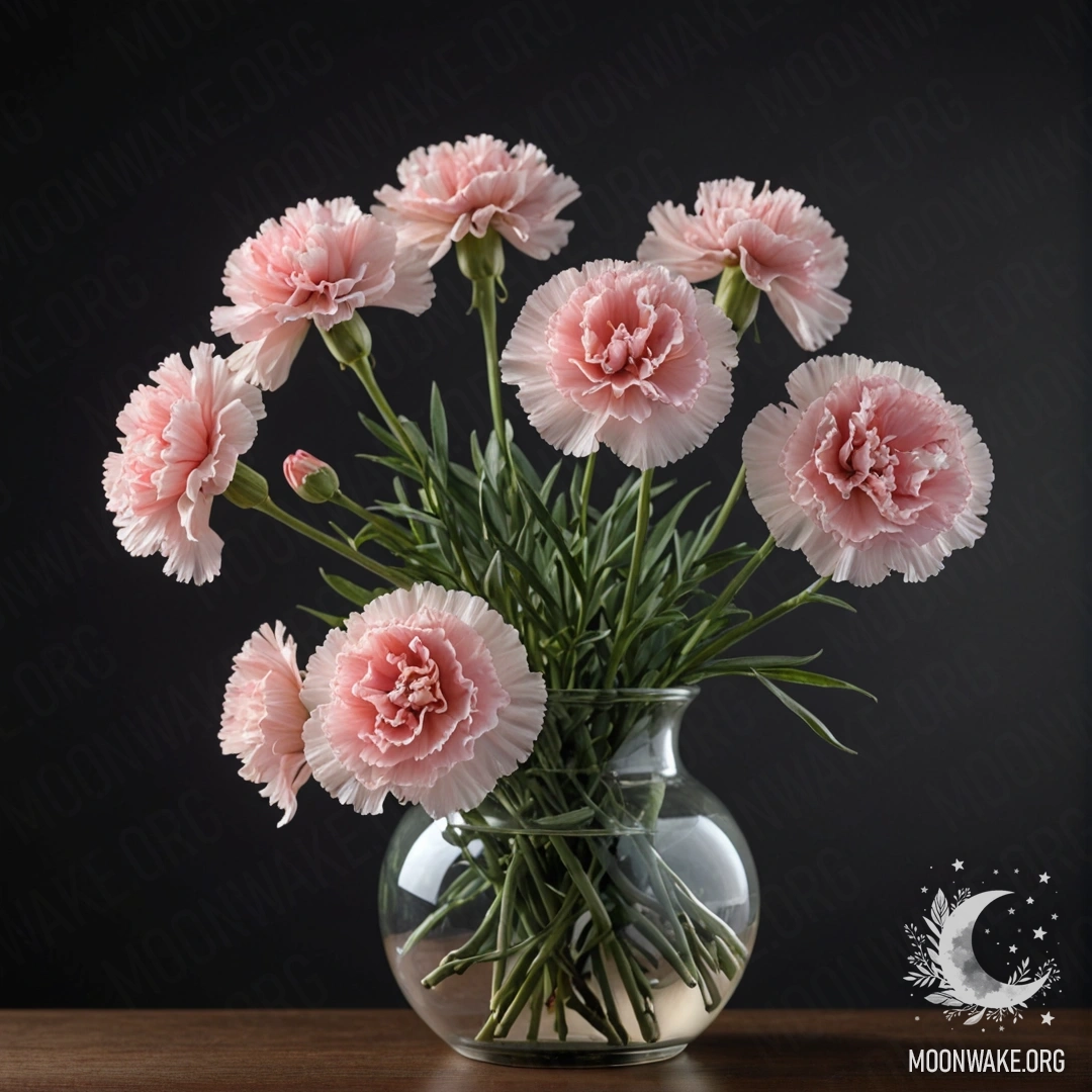 A serene carnation flower standing in a sage-colored vase at night.