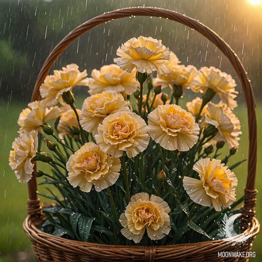 Peaceful Carnation in Rainy Sunset A yellow carnation in a basket, under the rain at sunset.