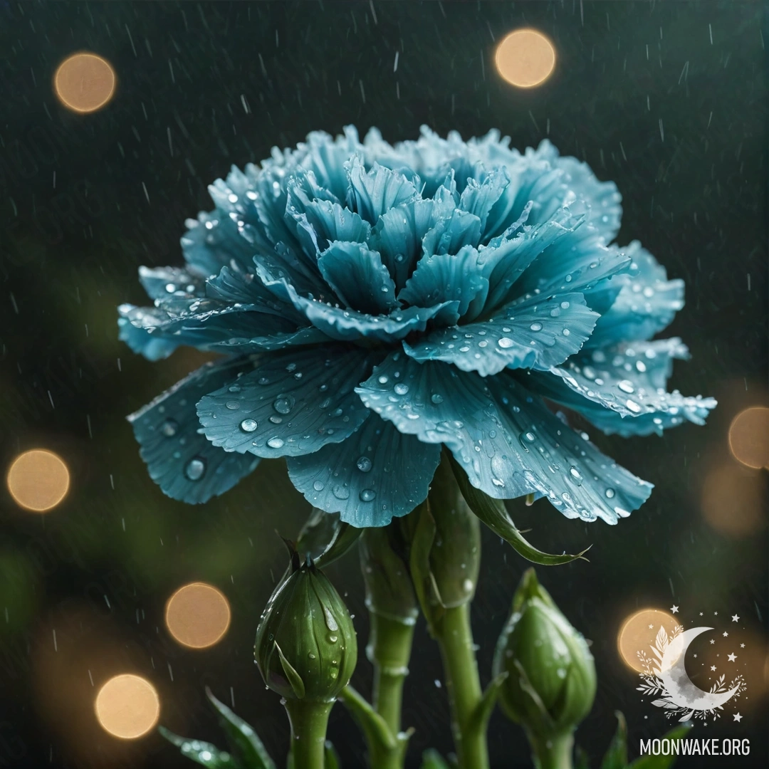 Peaceful Carnation Under Rain at Night A single carnation flower shimmering with sequins, drenched in rain at night, with a greenish-blue hue.