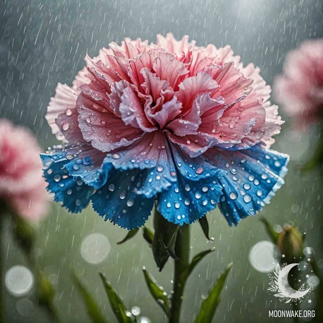A delicate blue carnation gently swaying under falling rain, with sunlight filtering through in the background.
