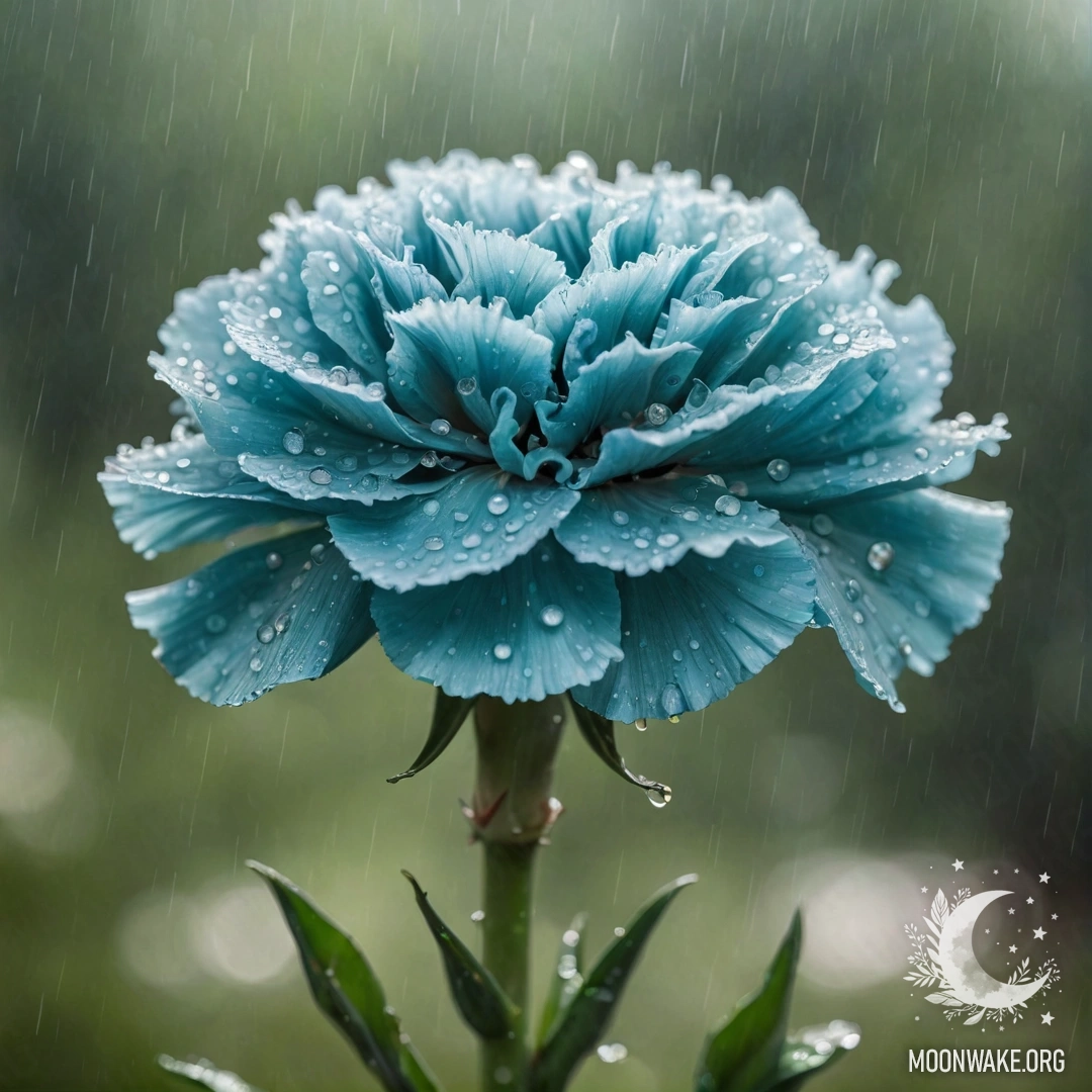 Peaceful Carnation in the Rain A peaceful greenish-blue carnation under soft rain with sunny rays and rhinestones.