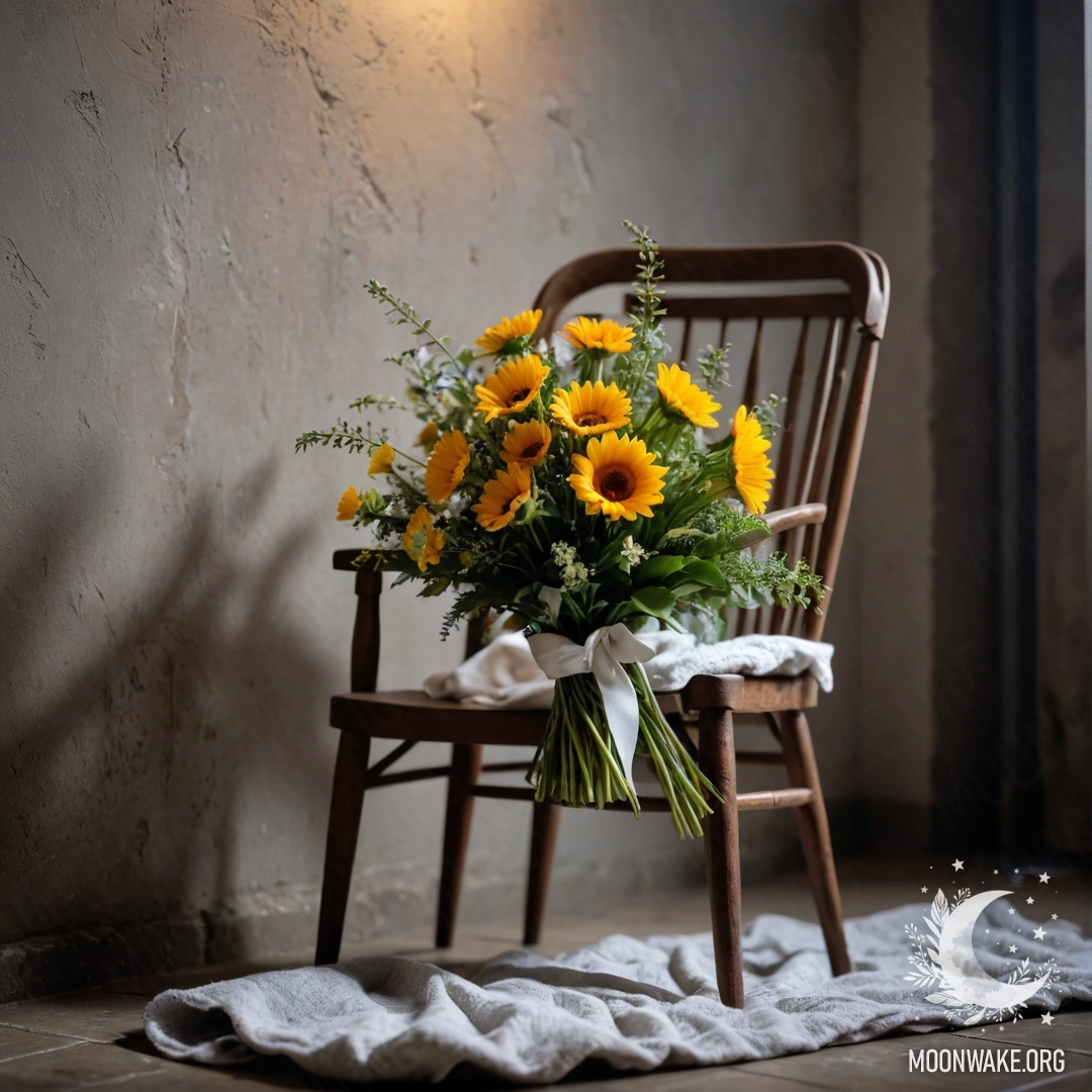 A peaceful arrangement featuring a chair, a blanket, and a bouquet of flowers against a shabby wall at night.