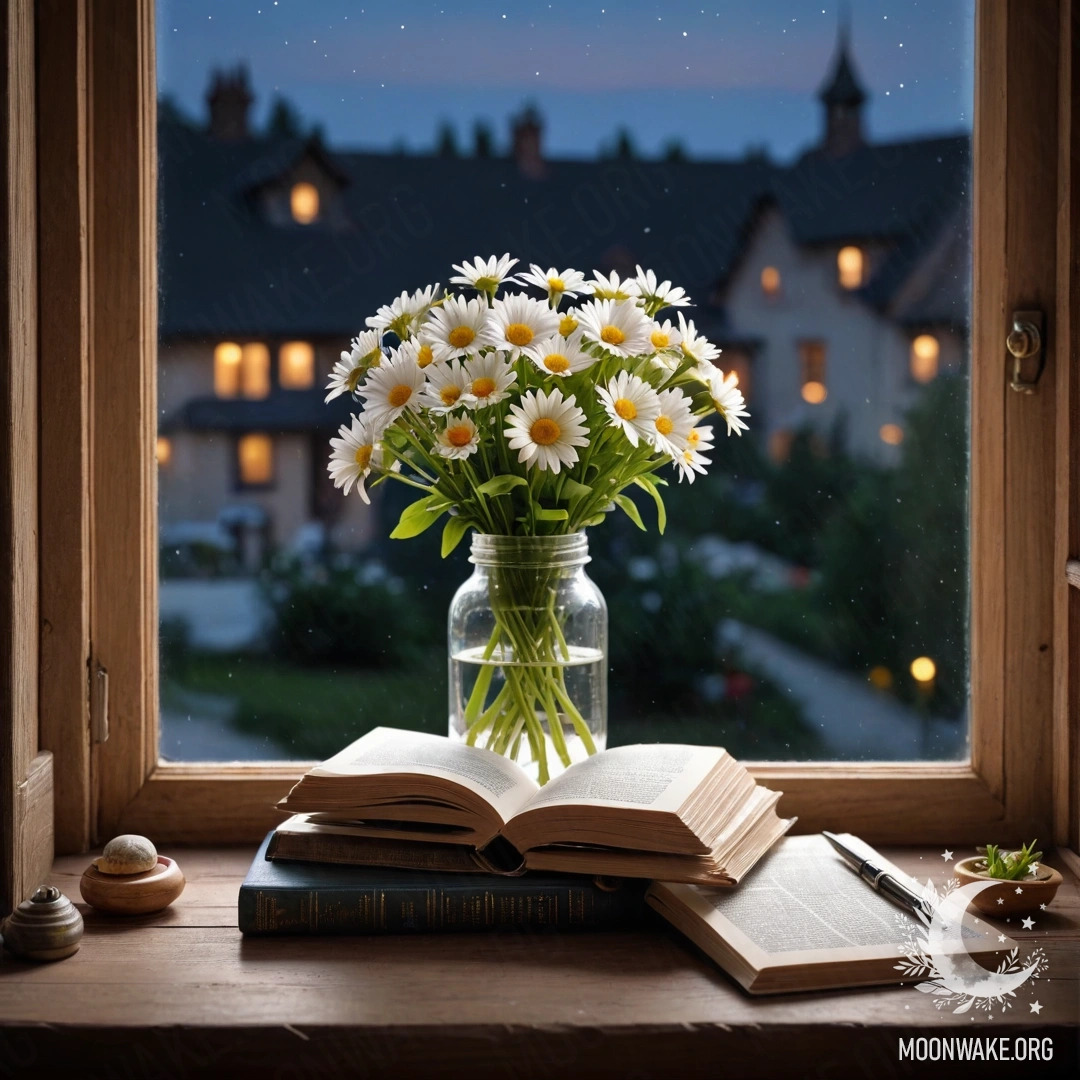 A chair against a shabby wall with a blanket and a bouquet of flowers on it during sunset.