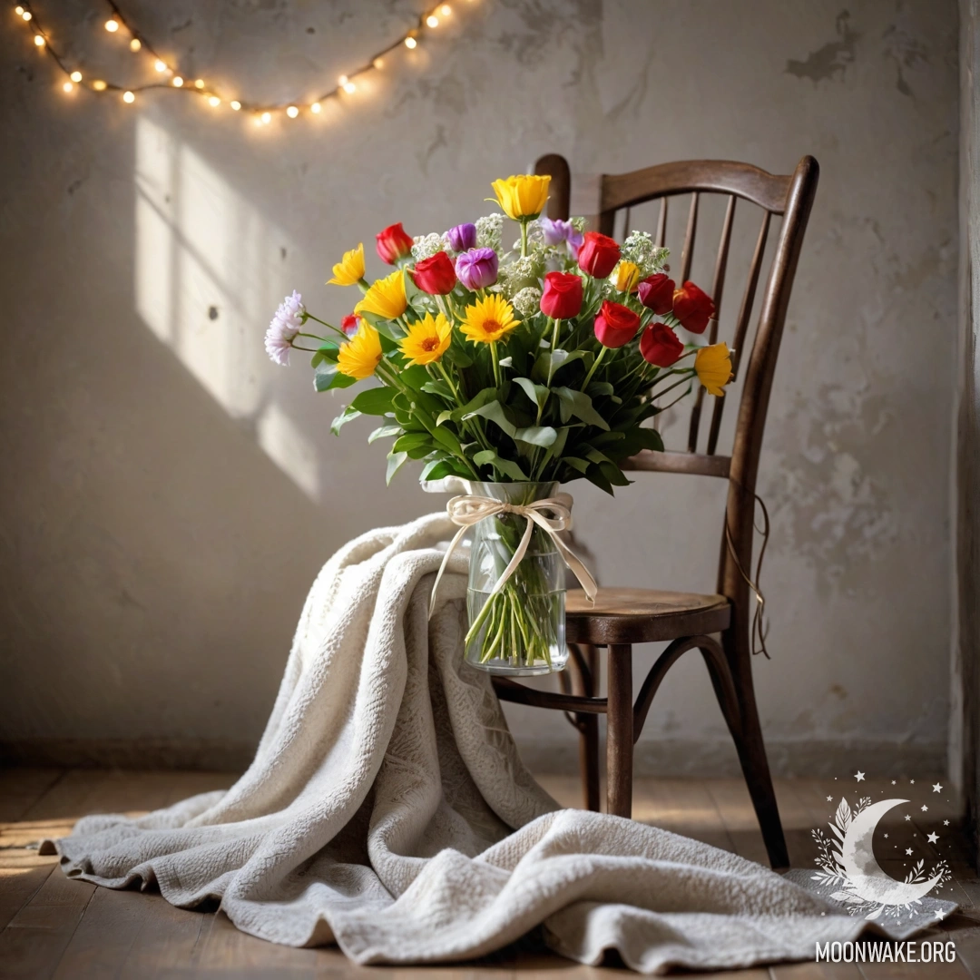 A chair against a shabby wall with a blanket and a bouquet of flowers adorned with garland lights.