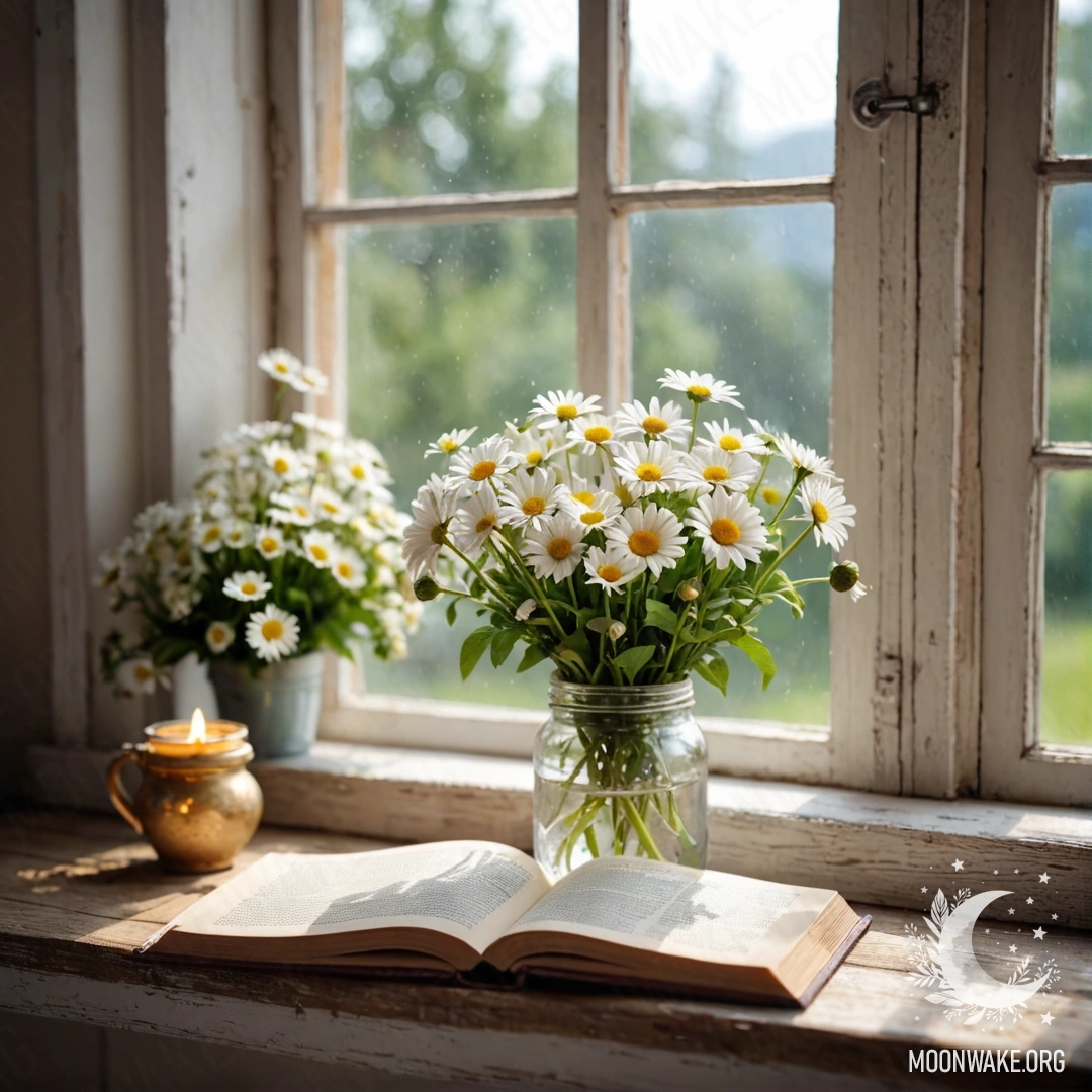 A chair with a blanket and a bouquet of flowers on it, set against a shabby wall, with rain falling.