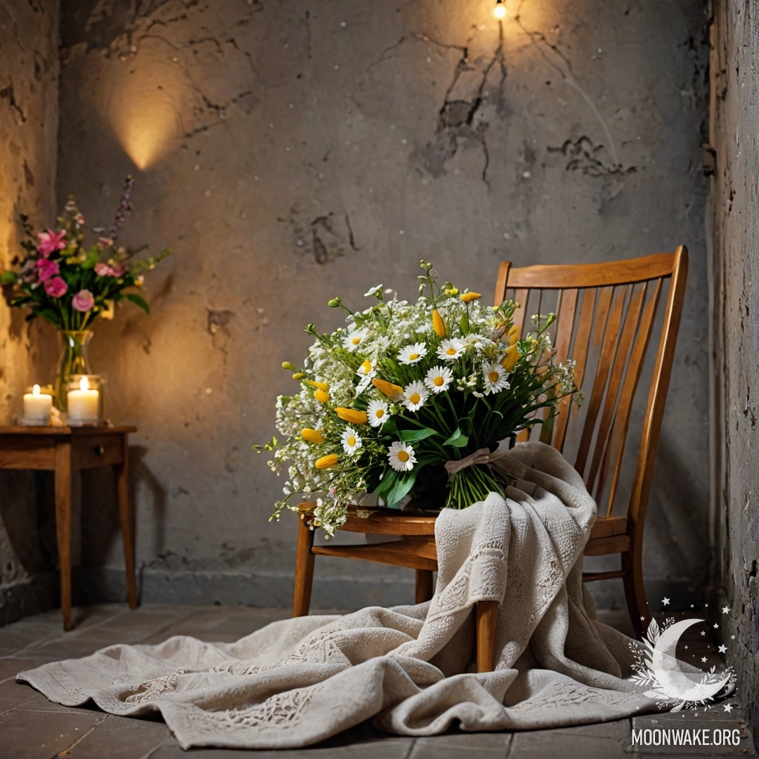 Peaceful Chair with Flowers A lone chair against a shabby wall with a blanket and a bouquet of flowers on it at night.