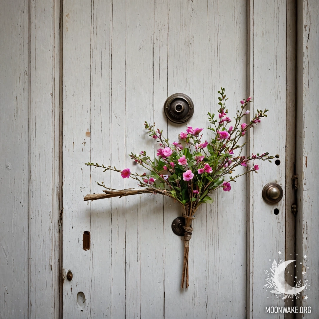 A chair against a shabby wall, topped with a blanket and a bouquet of flowers.