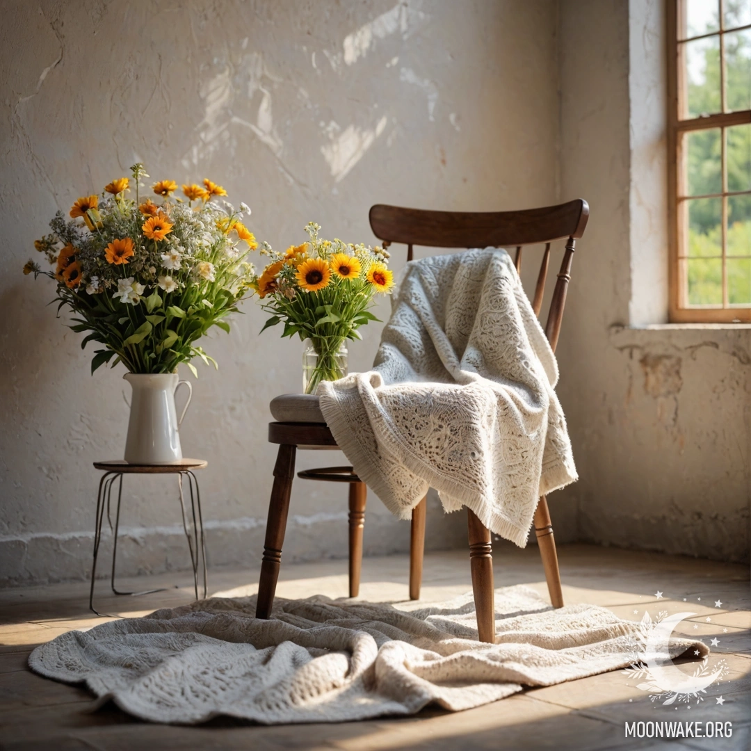 A chair against a shabby wall, draped with a blanket, and adorned with a bouquet of flowers, illuminated by soft sun rays.