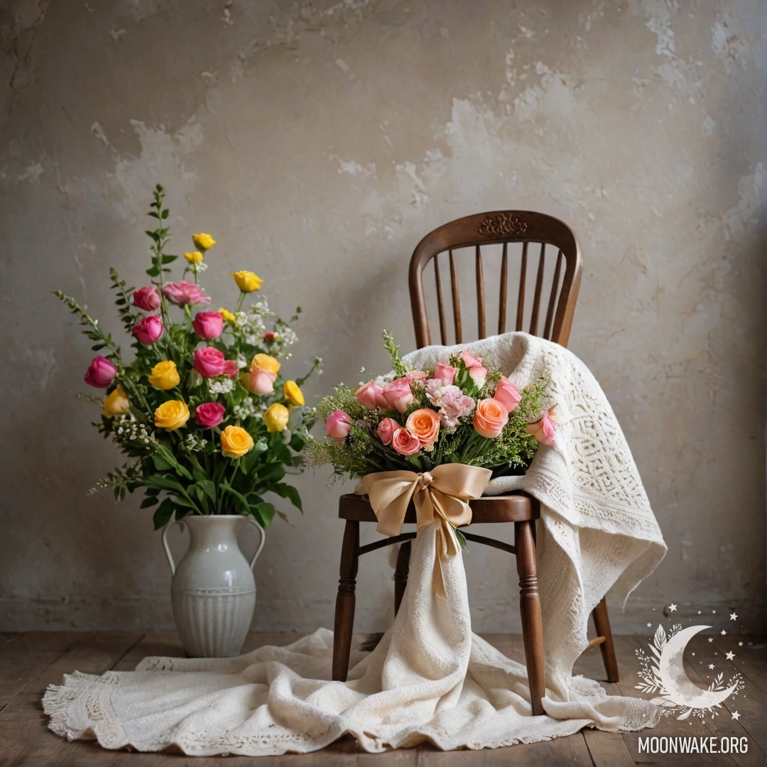 A rustic chair against a shabby wall, adorned with a blanket and a bouquet of flowers lit by a garland.