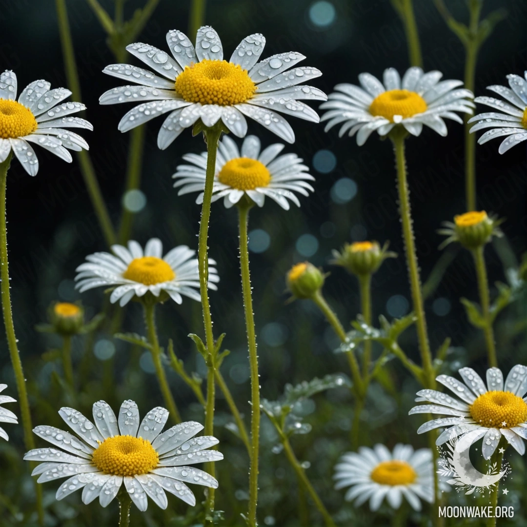 Peaceful Chamomile at Night A serene chamomile flower adorned with dew drops against a mint-colored backdrop at night.