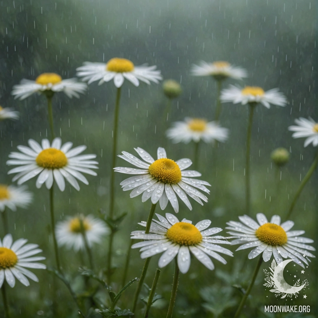 A serene chamomile flower gently swaying in a misty rain backdrop.