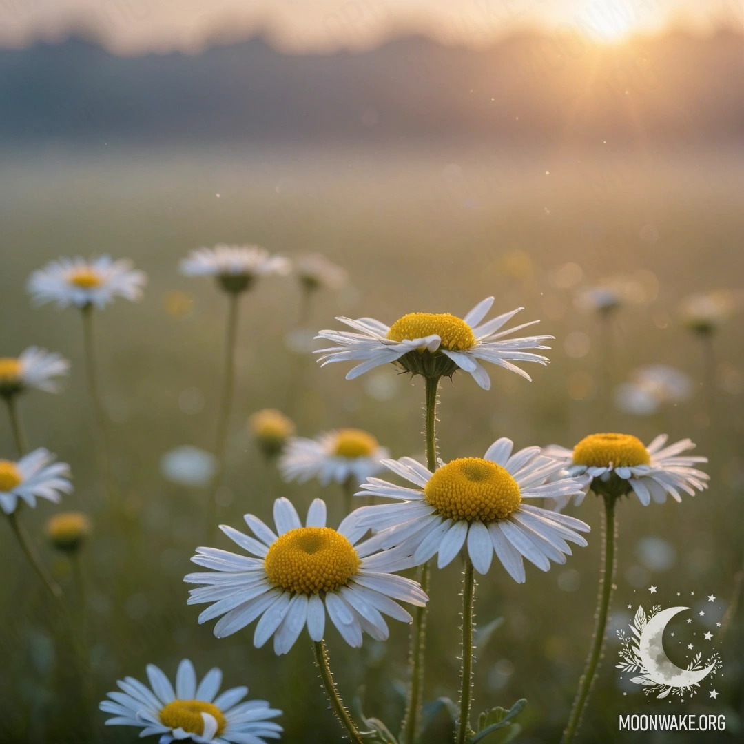 A serene field of chamomile surrounded by mist at sunset, glowing with blue hues and sparkling glitter.