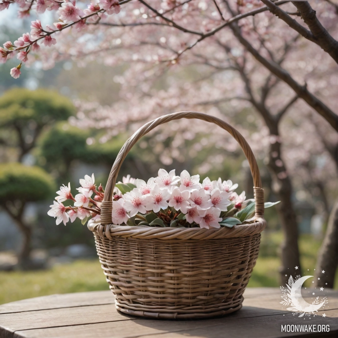 A basket filled with delicate cherry blossoms in soft sage color.