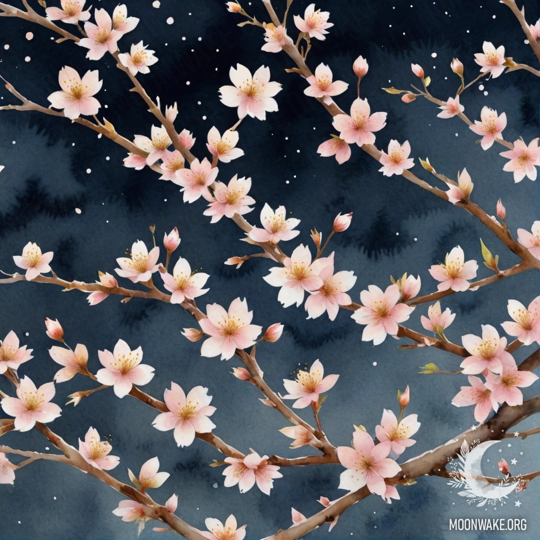 A serene watercolor painting of cherry blossoms under the night sky, adorned with golden patterns.