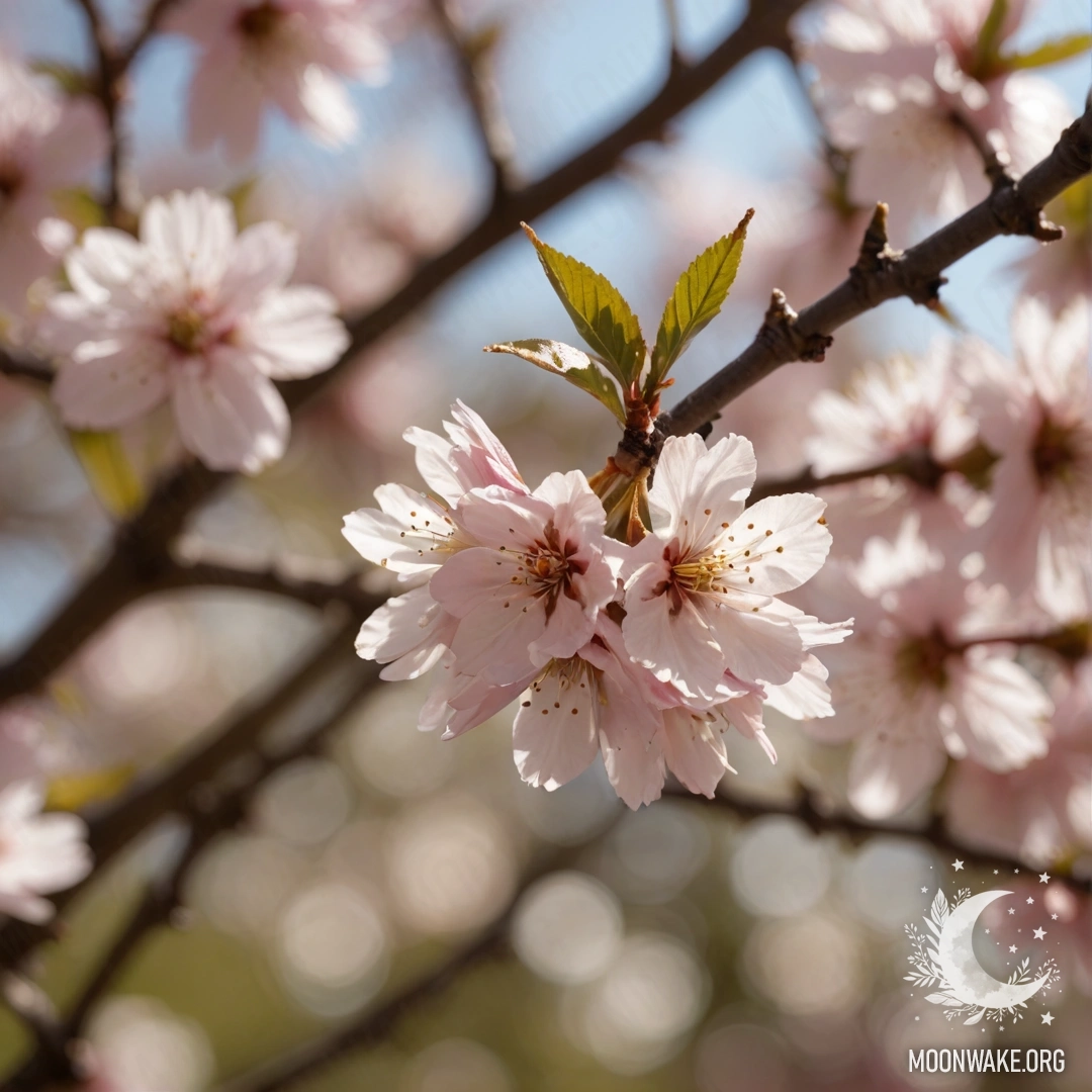 A serene cherry blossom tree bathed in sunlight against an olive background.