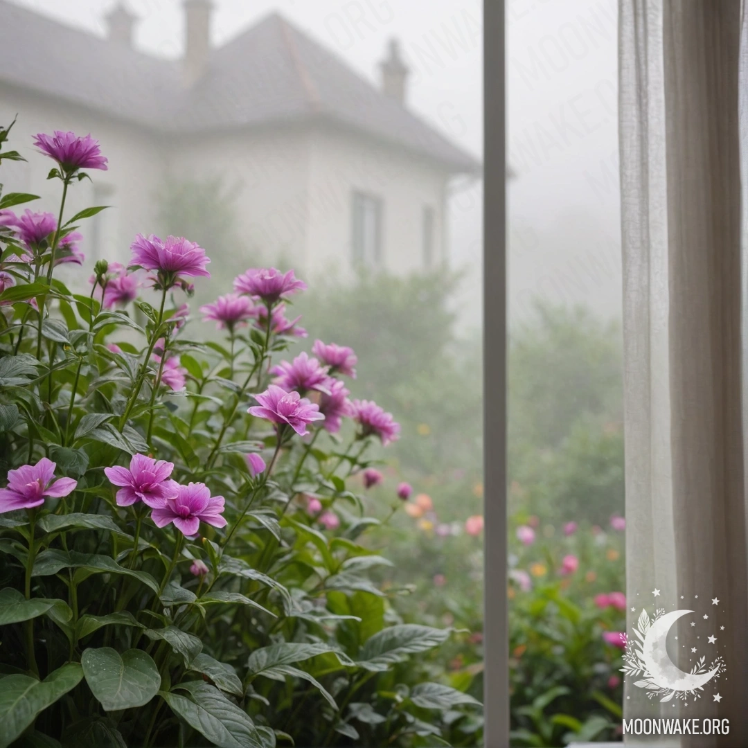 Close-up of a floral print curtain with a window and blooming garden outside in fog.