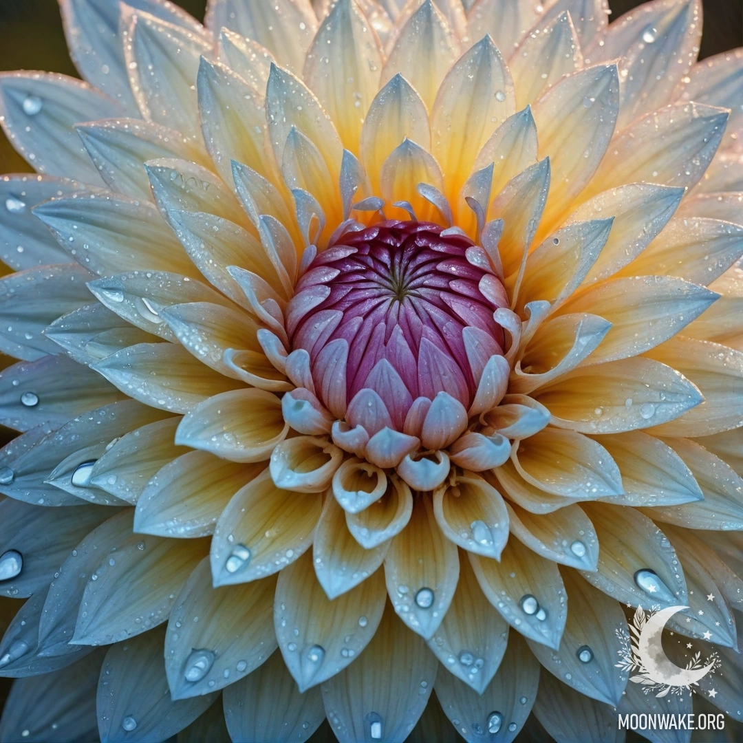 A peaceful dahlia flower adorned with dew drops during sunset, surrounded by a watercolor sky with blue patterns.