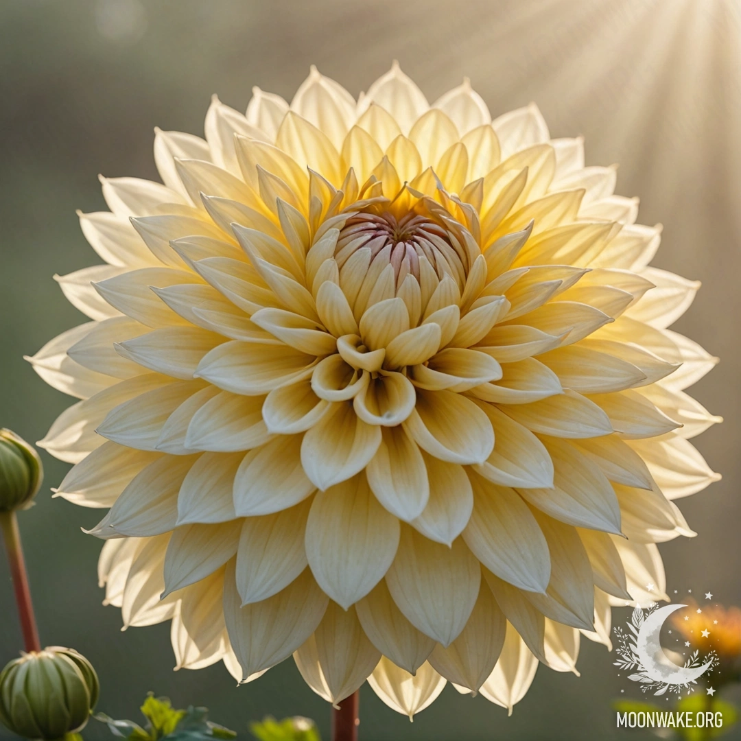 A delicate dahlia surrounded by fog with sunny rays in the background.