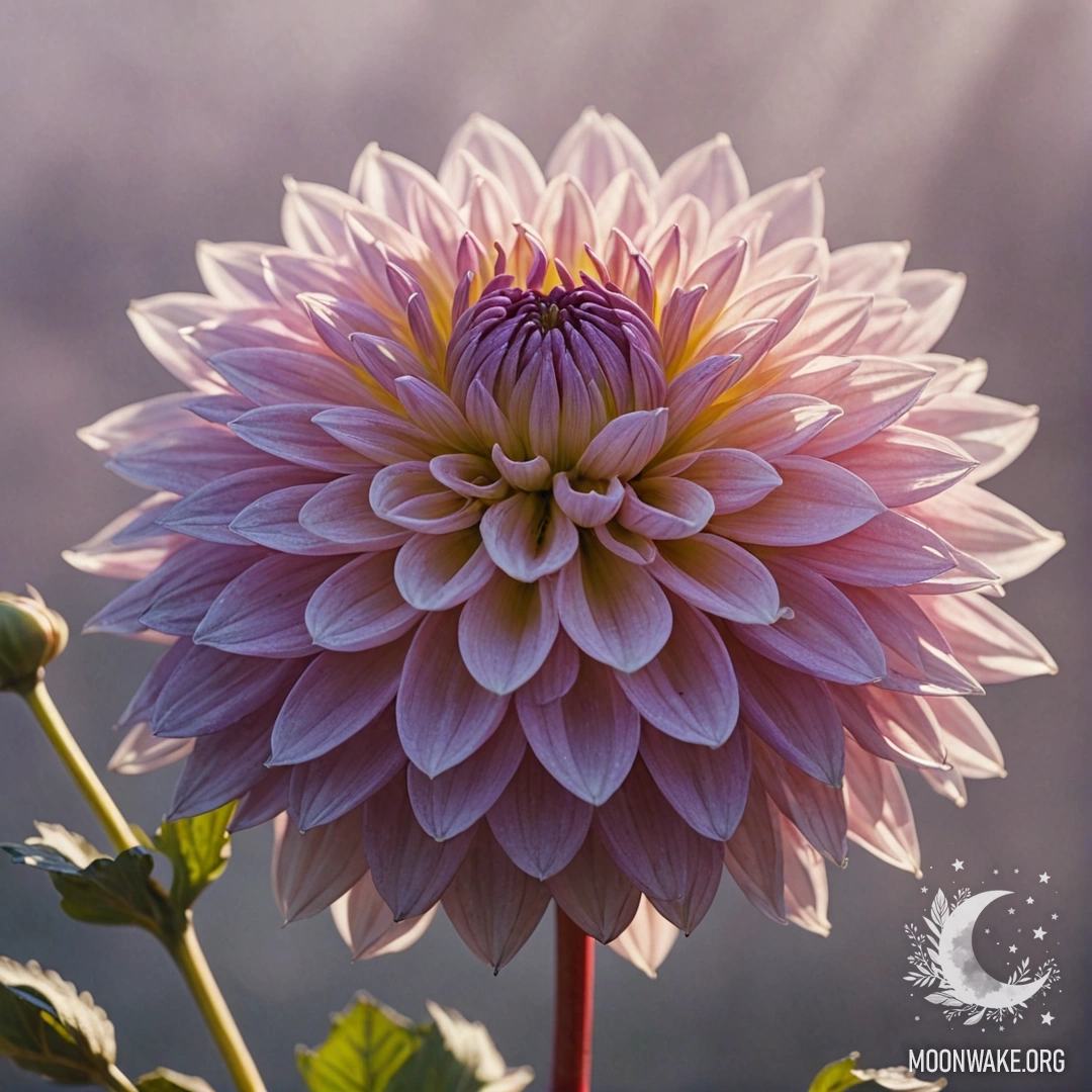 A peaceful dahlia surrounded by fog, illuminated by sunny rays against a purple backdrop.
