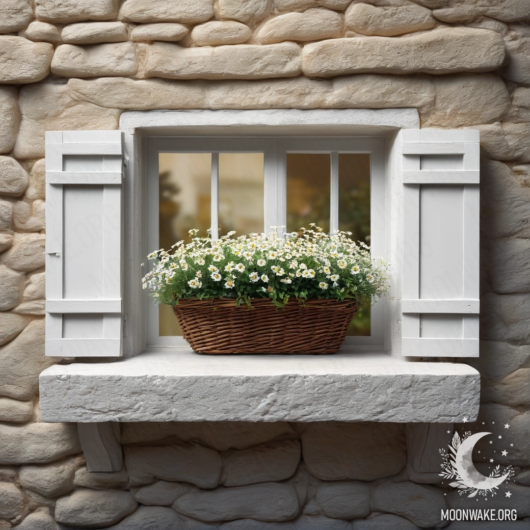 A serene scene featuring a white stone wall and an open window with a basket of daisies illuminated by a garland light.