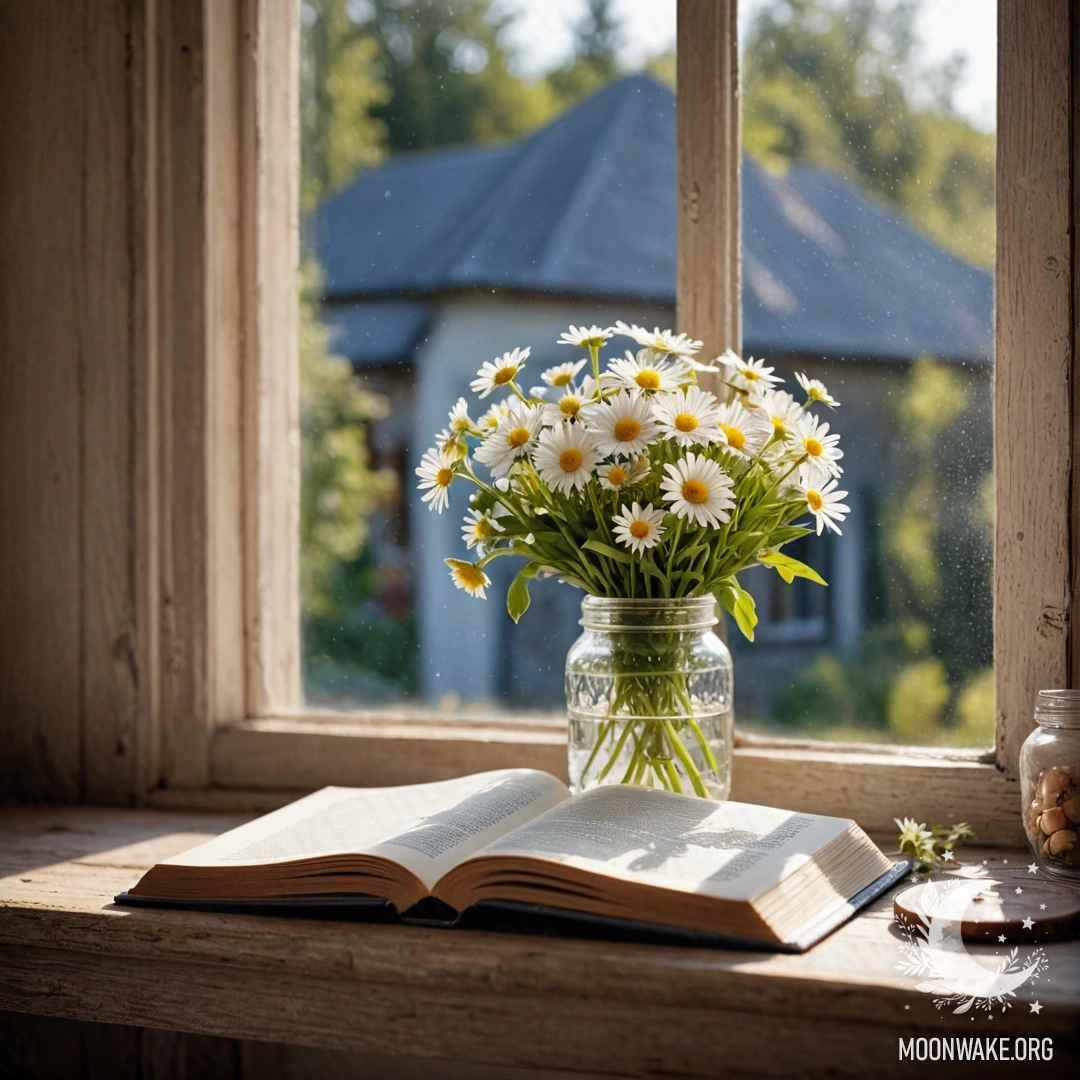 A shabby wooden windowsill with a jar of daisies and an open book decorated with garland lights.