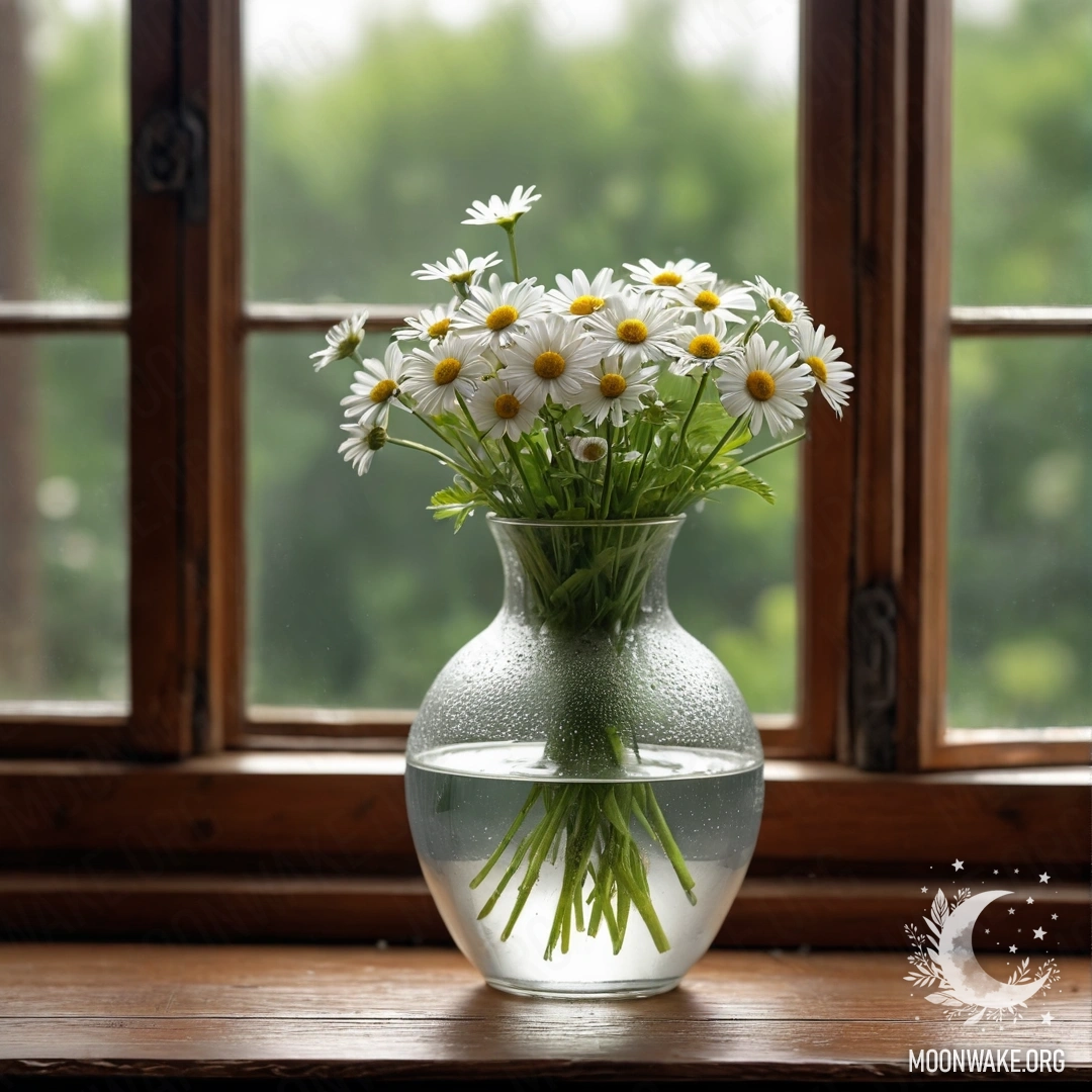 A glass vase filled with daisies sits on a wooden vintage windowsill.