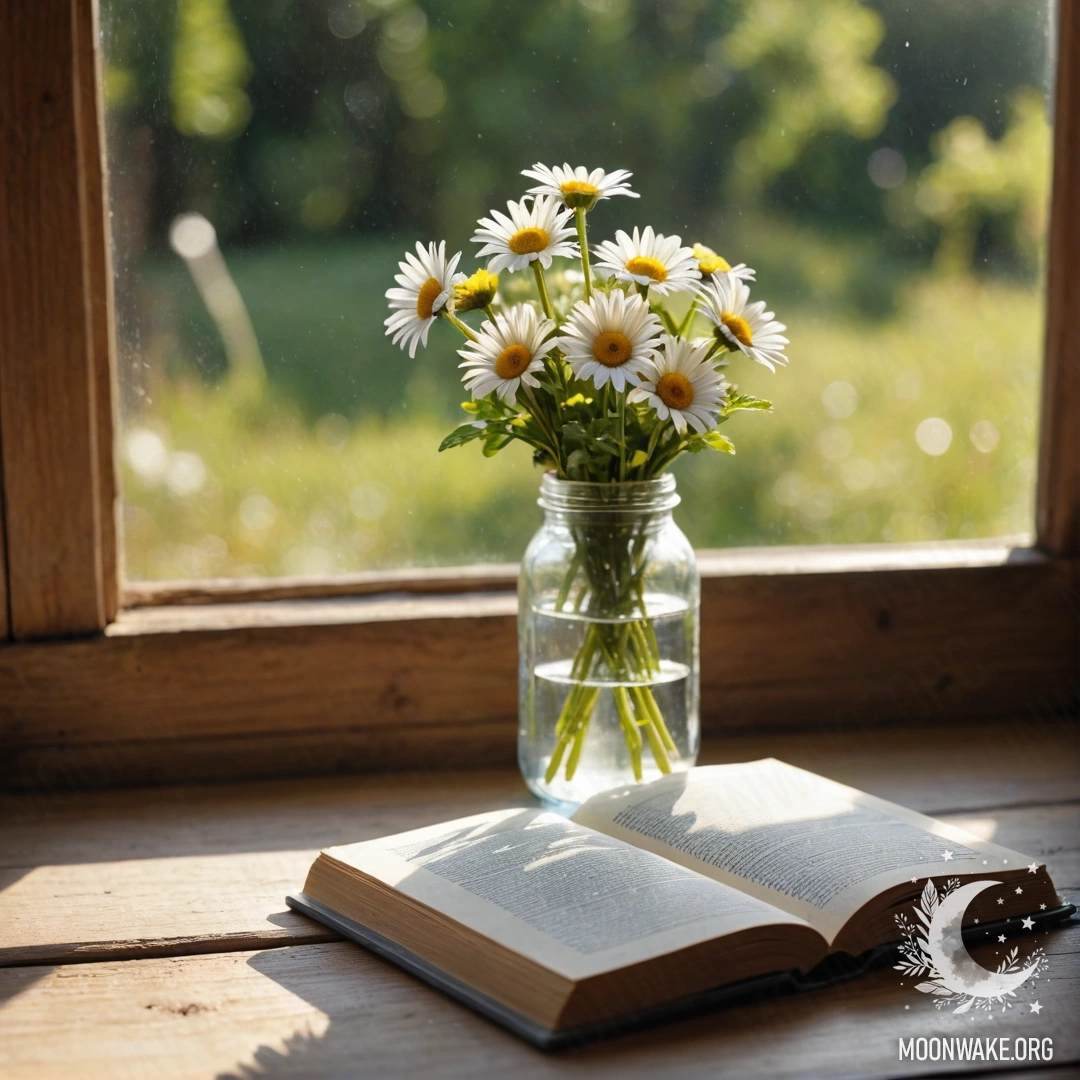 A shabby wooden windowsill with a jar of daisies and an open book.