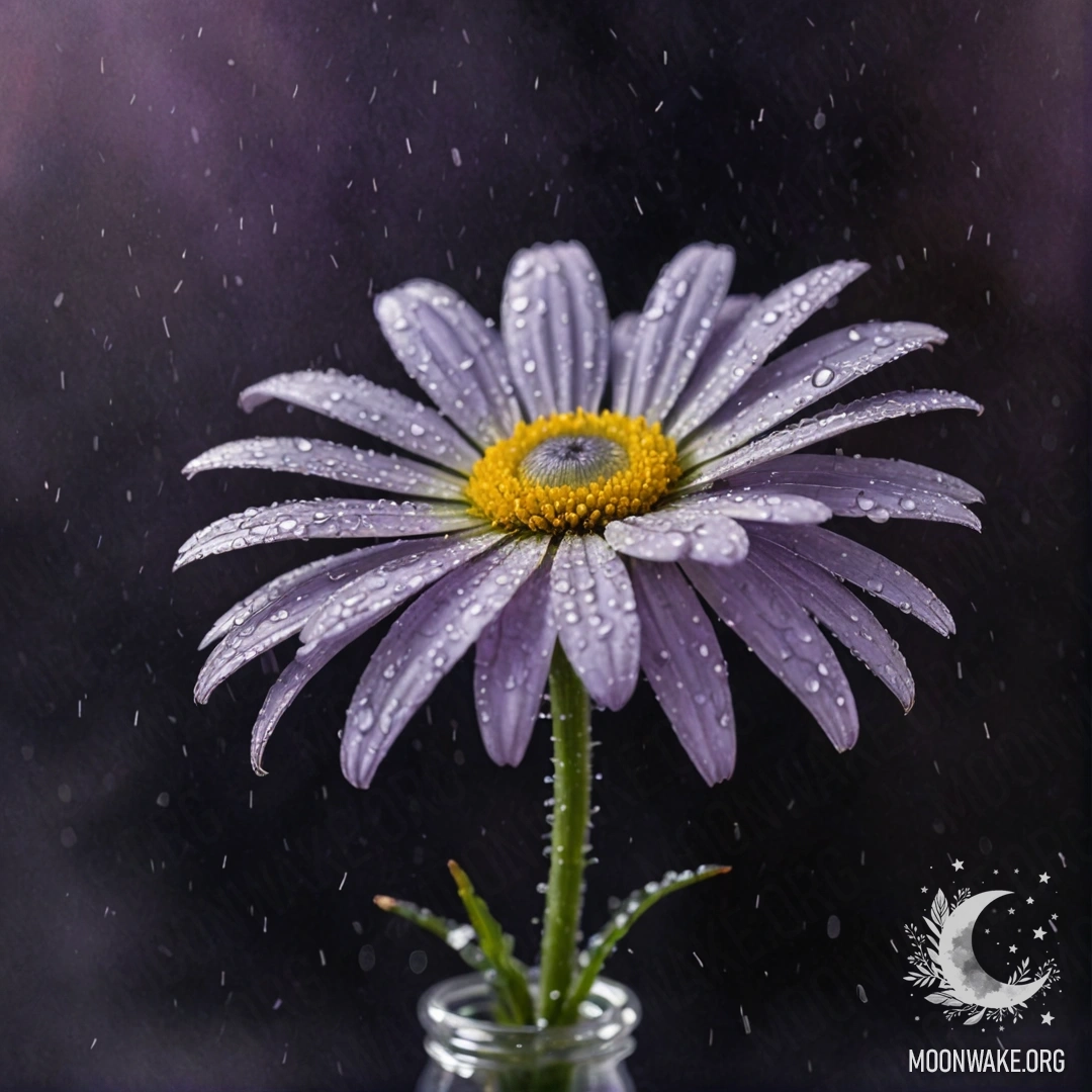 A delicate daisy resting in a lavender-colored vase, under gentle rain at night.