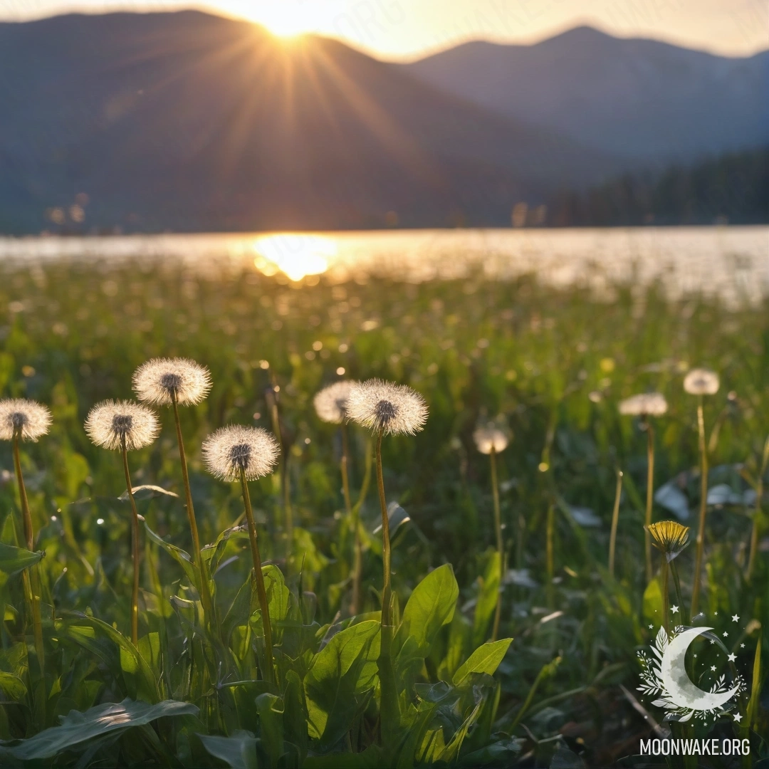 Close-up of dandelions in a peaceful field against a blurred sunset over a mountain lake.