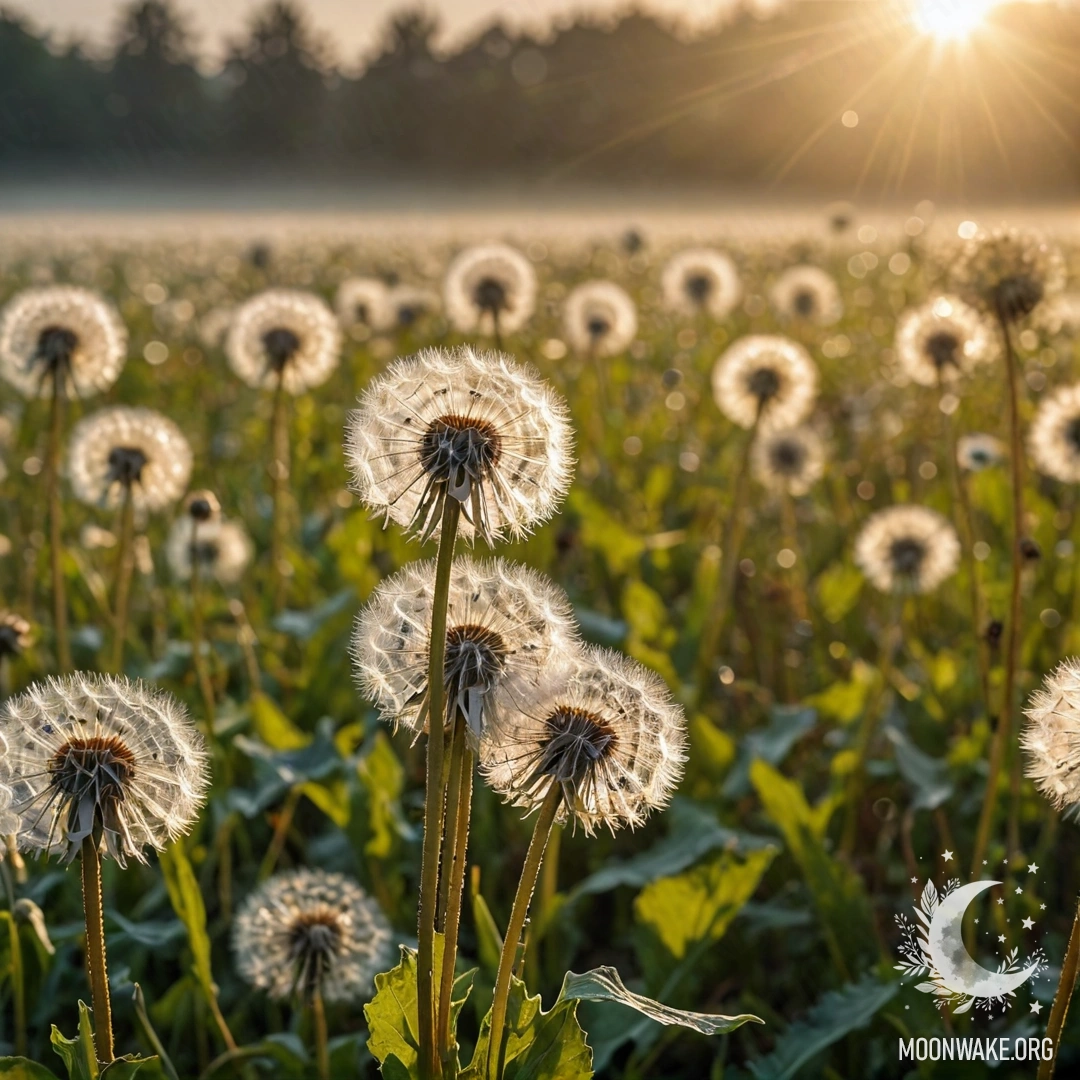 Close-up of dandelions in a peaceful field with a foggy sunset background.