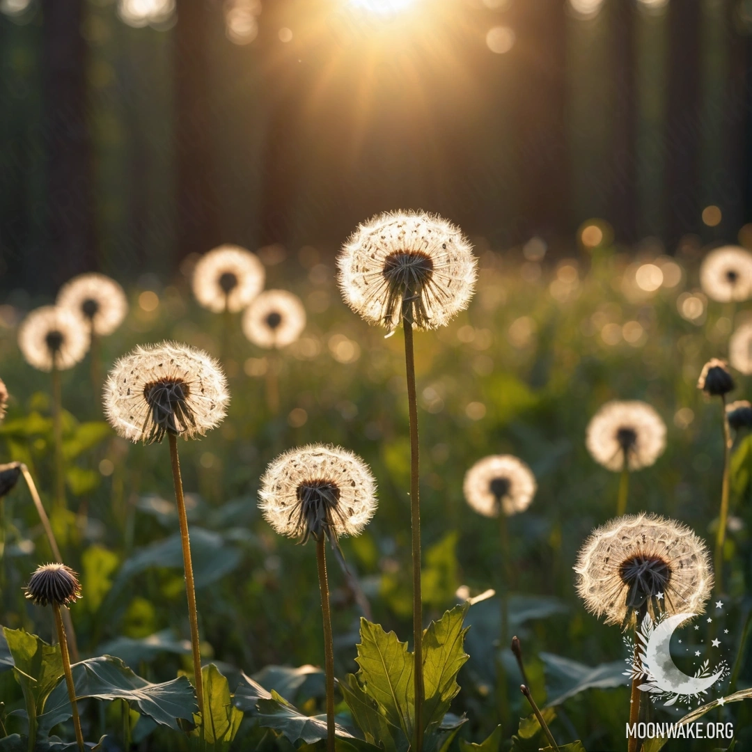 Peaceful Dandelion Field at Sunset A close-up of dandelions in a tranquil field with a bokeh forest in the background during sunset.
