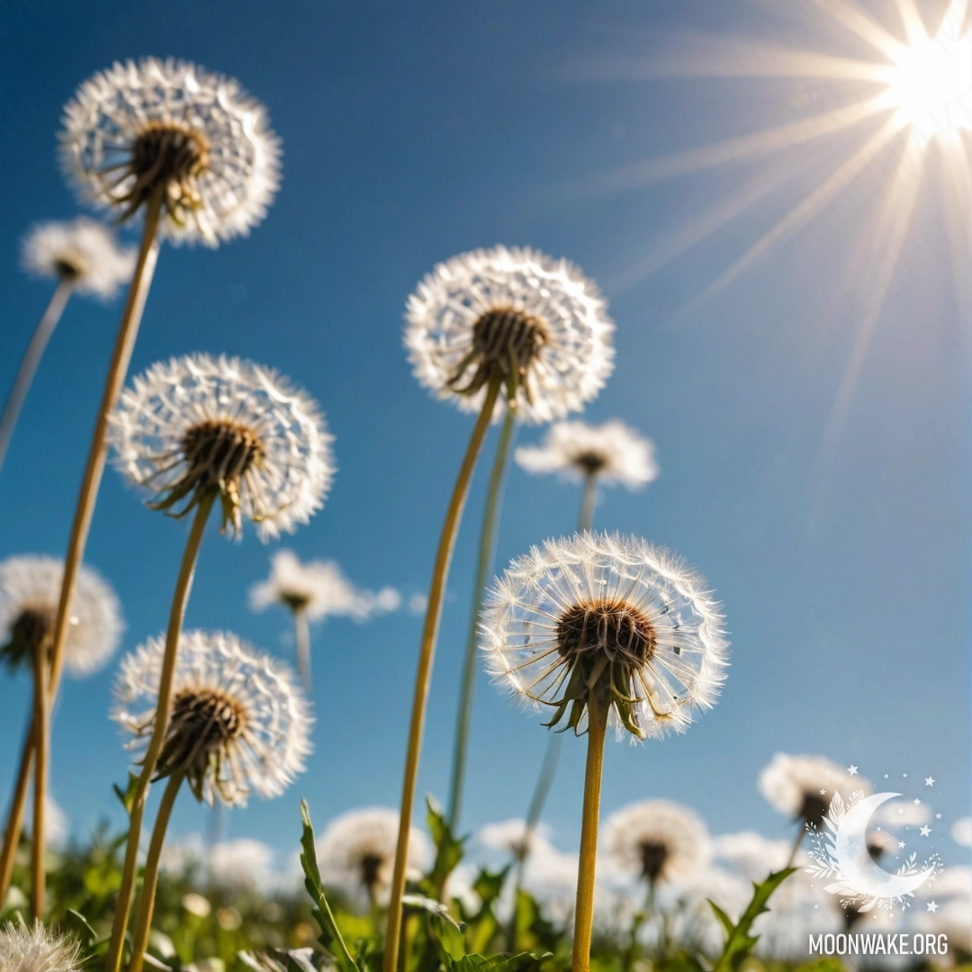 Close-up of dandelions in a peaceful field with a bokeh sky filled with clouds and sun rays.