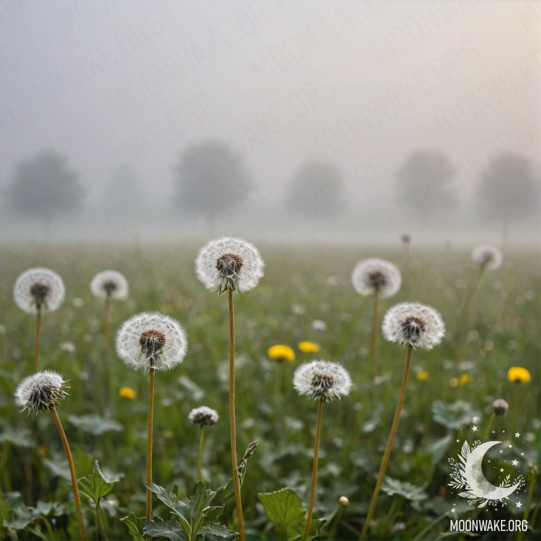 A close-up view of dandelions in a foggy field, with a blurred sky in the background.