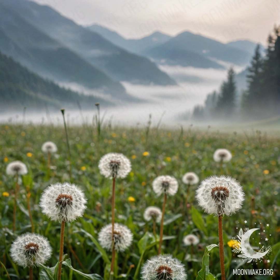 Close-up of dandelions in a foggy field with mountains in the background.
