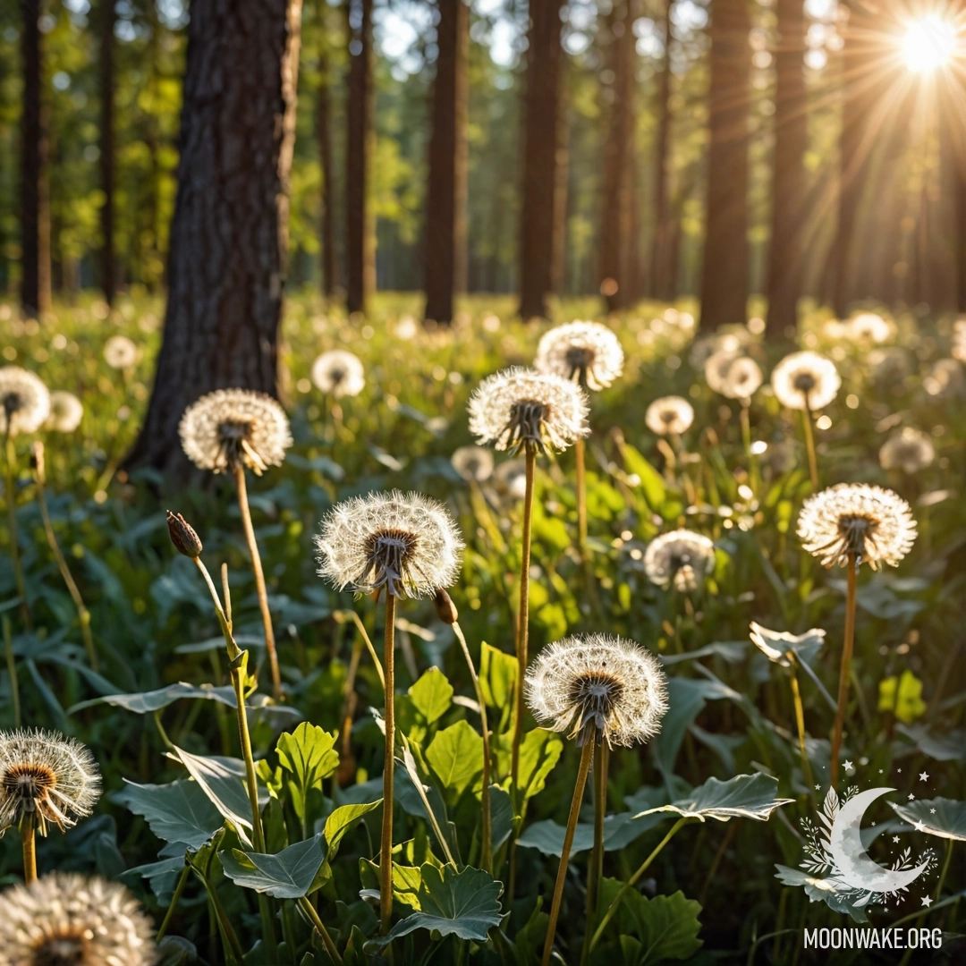 Close-up of dandelions in a peaceful field with a blurred forest background.