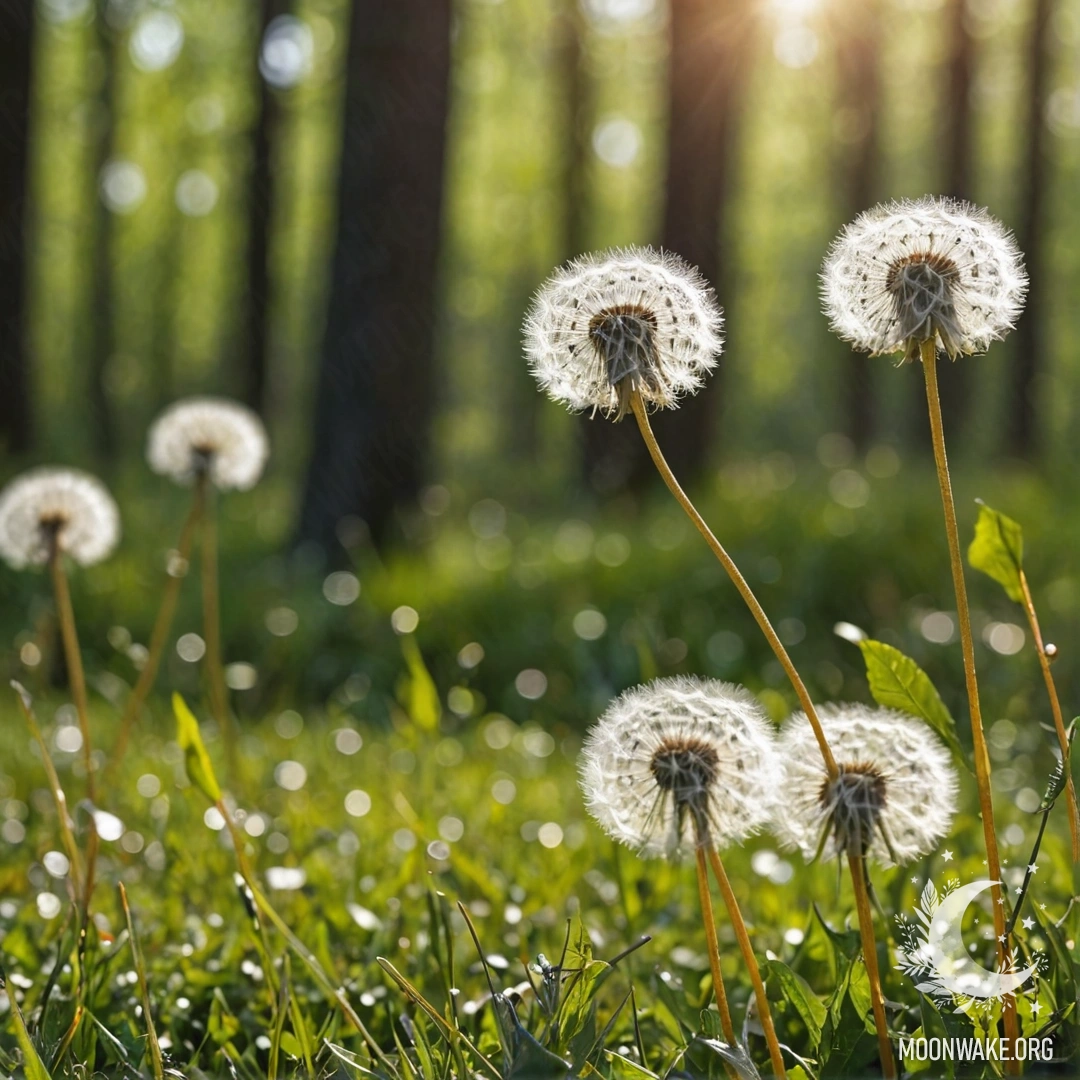 Close-up of dandelions in a peaceful field with a blurred forest background on a sunny day.