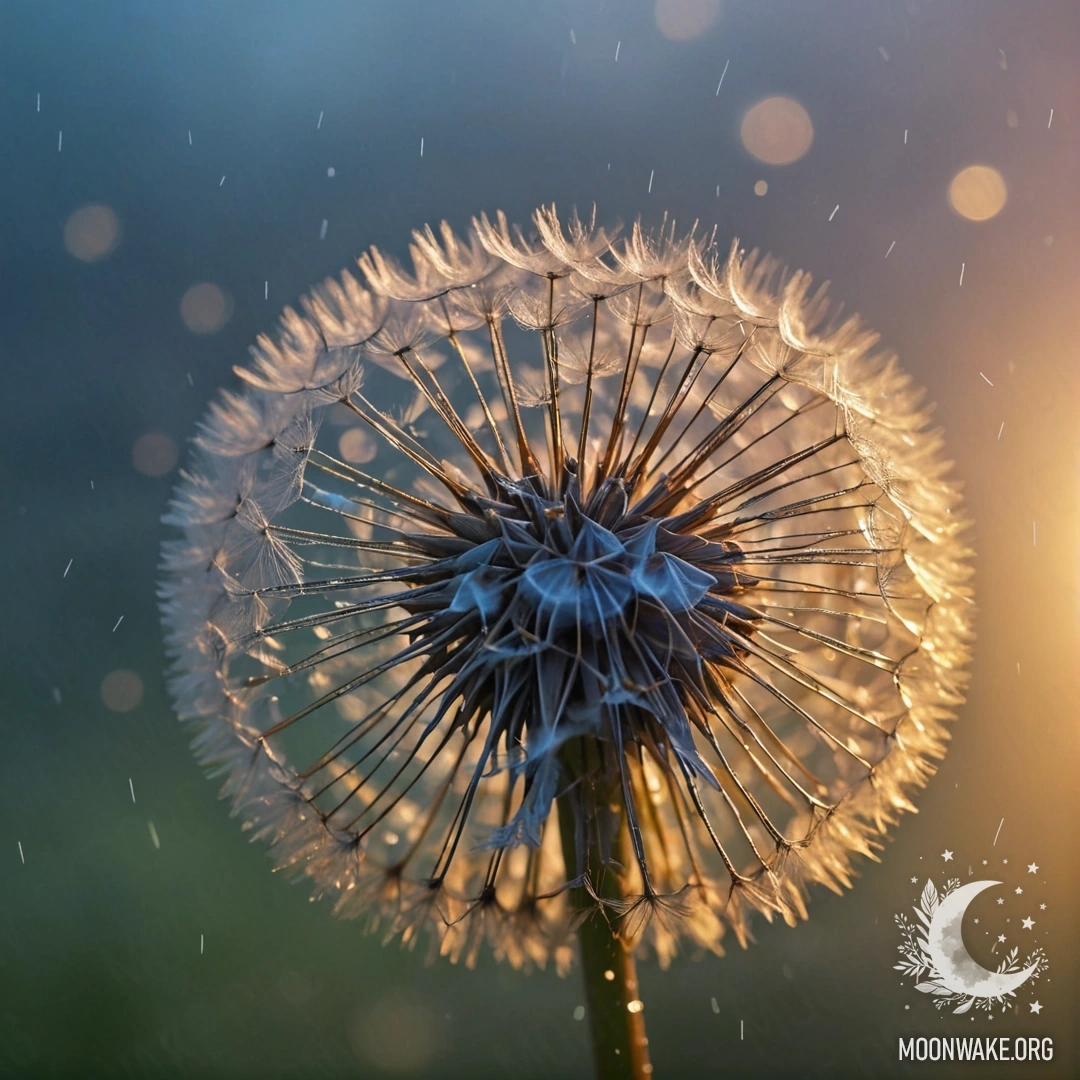 A peaceful dandelion covered in mist and raindrops during sunset, glittering in shades of blue.