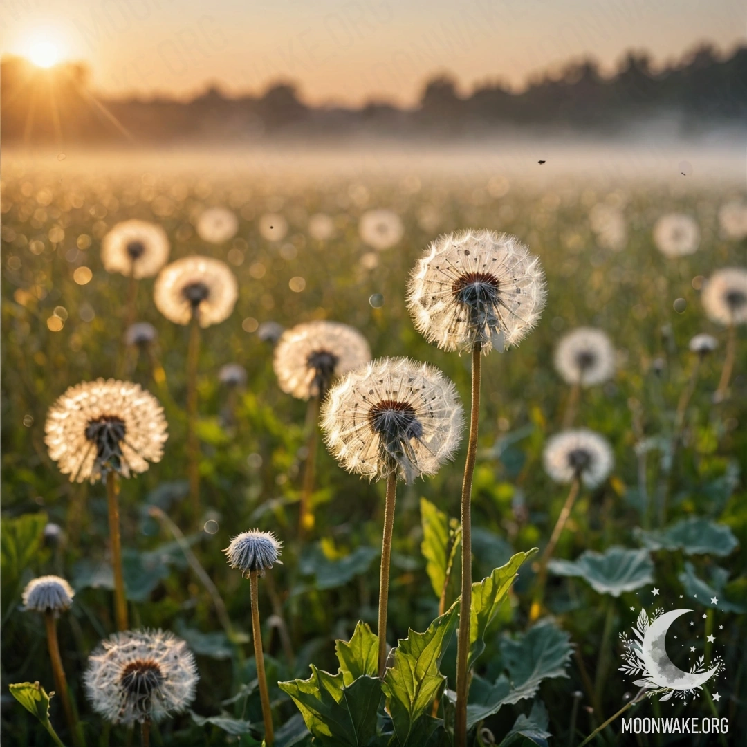 Close-up of dandelions in a field with a foggy sunset and bokeh effect.