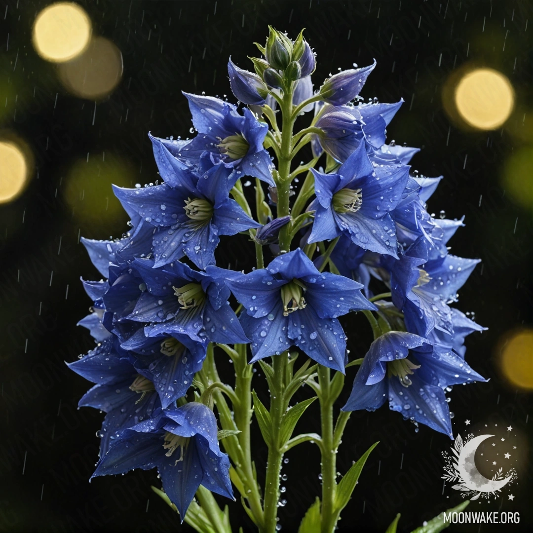 Serene Delphinium Bouquet in Night Rain A bouquet of lime-colored delphiniums under the rain at night.