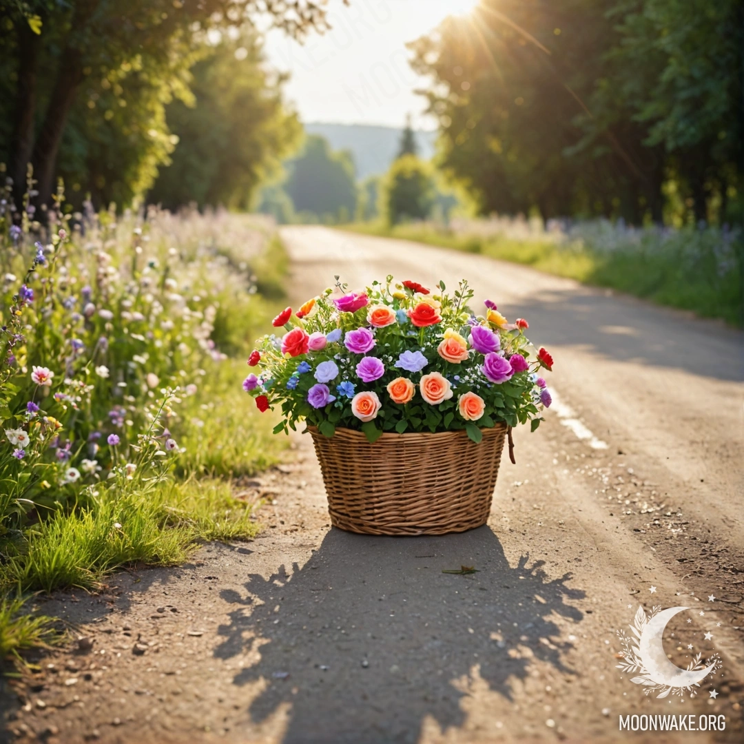 A peaceful dirt road with a basket of colorful flowers and twinkling lights in the background.
