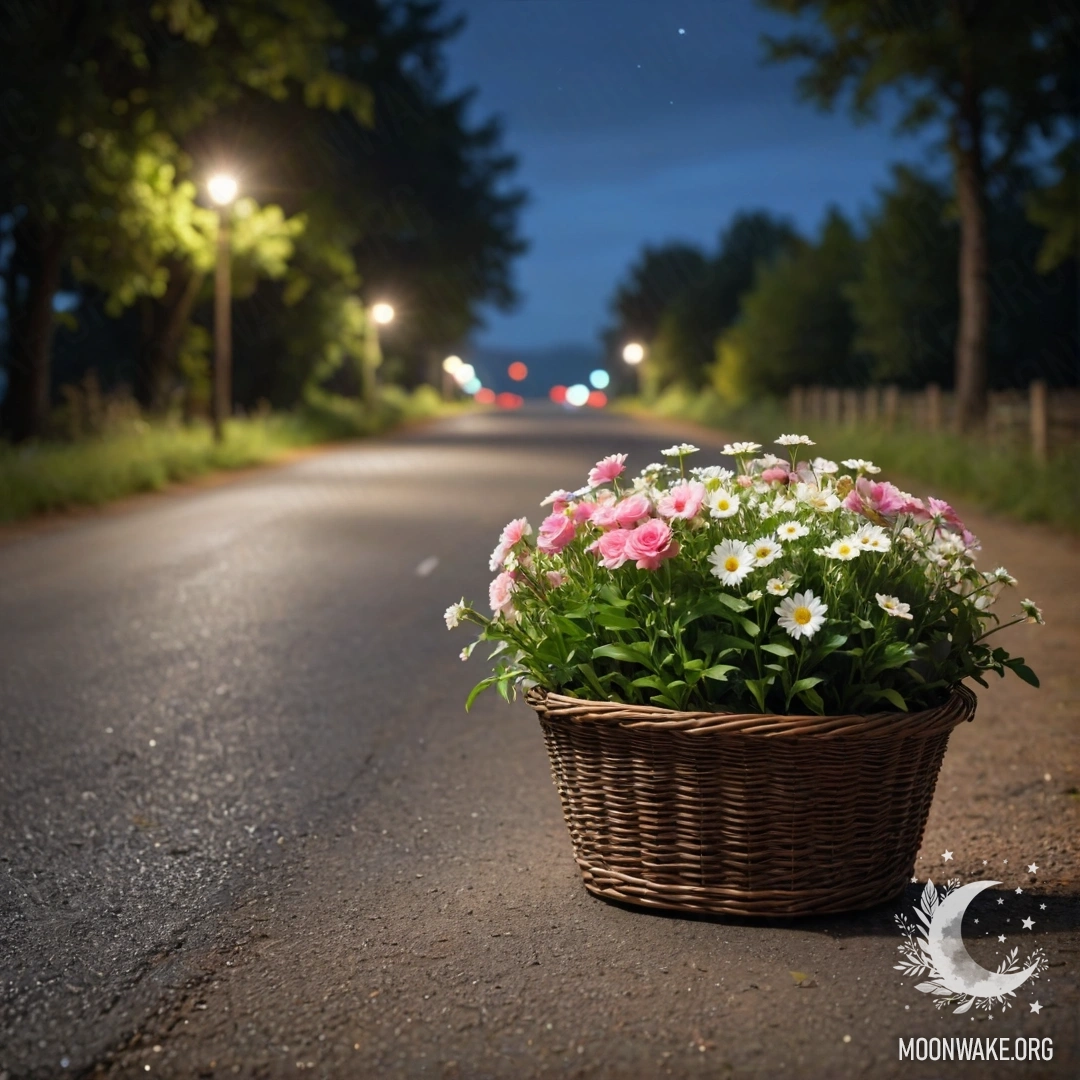 A serene dirt road at night with a basket of flowers and trees in the background